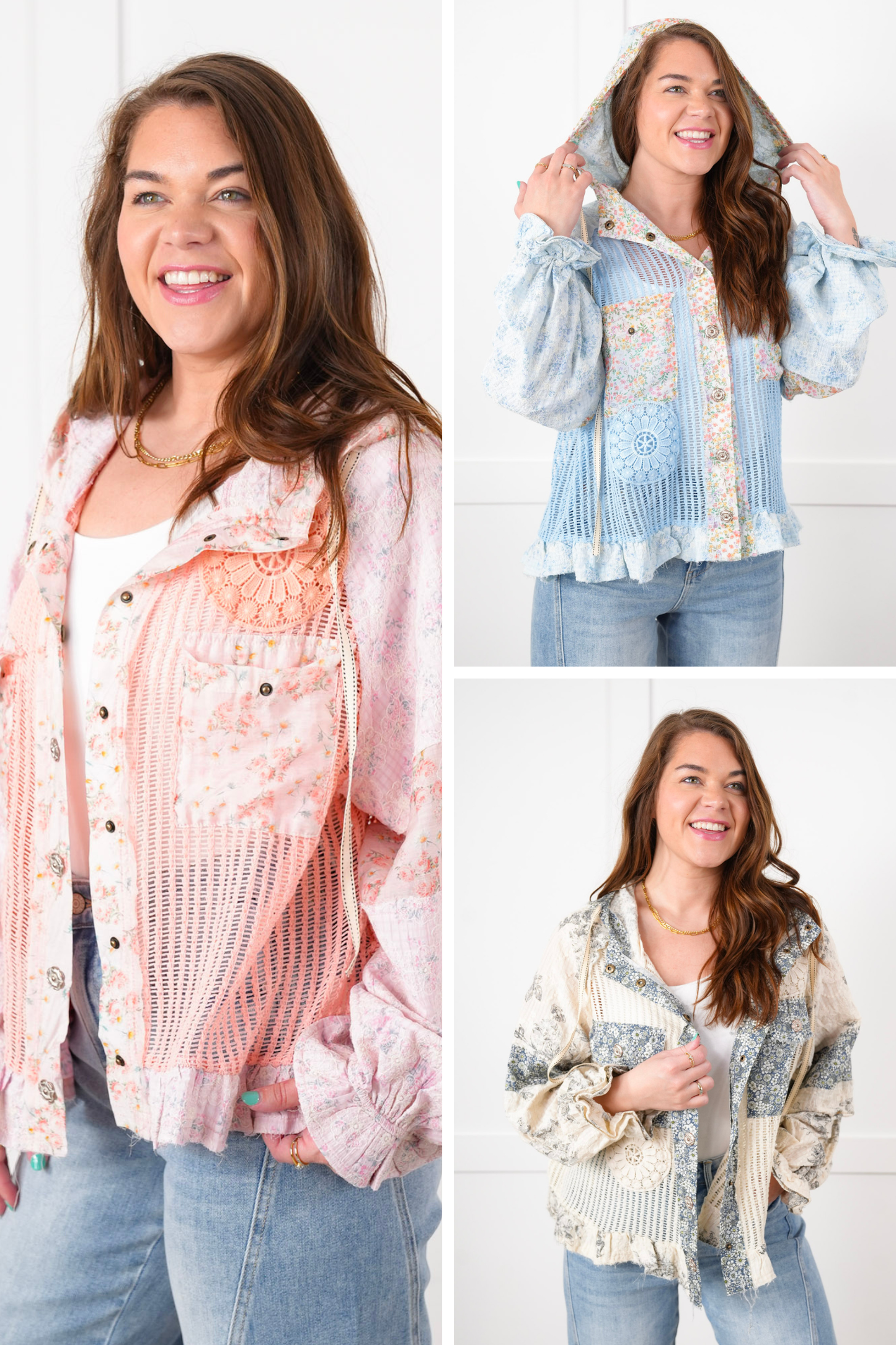 POL Crochet and Floral Long Sleeve Hooded Jacket