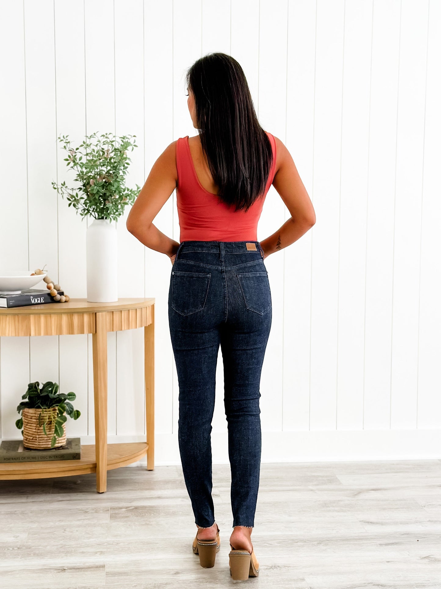 Judy Blue Starry Night High Rise Dark Wash Tummy Control Top Raw Hem Jeans