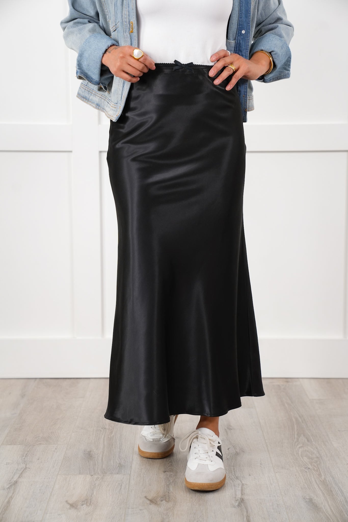 Black Satin A-Line Midi Skirt with Side Zipper
