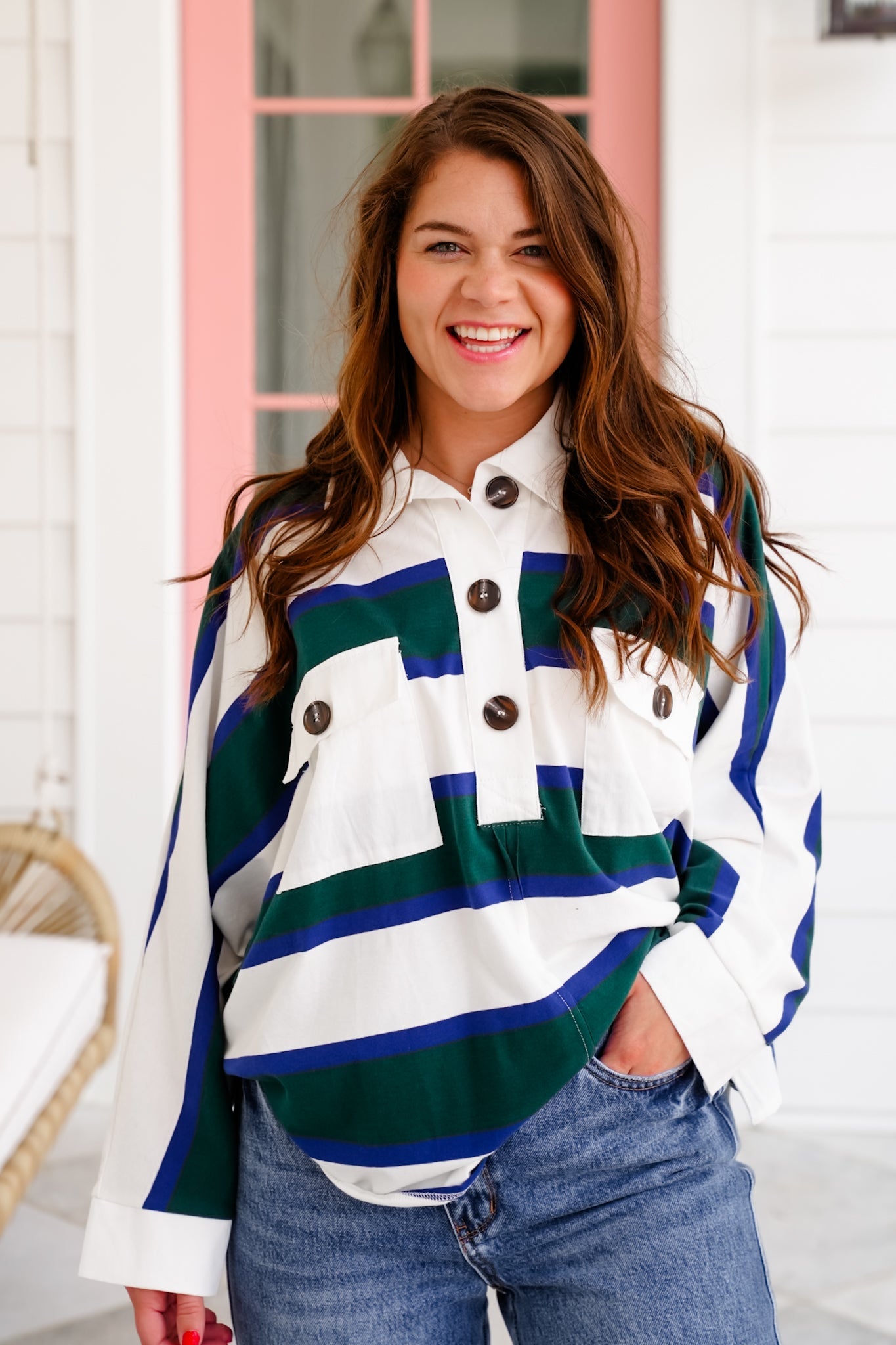 Restock! Oversized Stripe Long Sleeve Button Up Polo Top