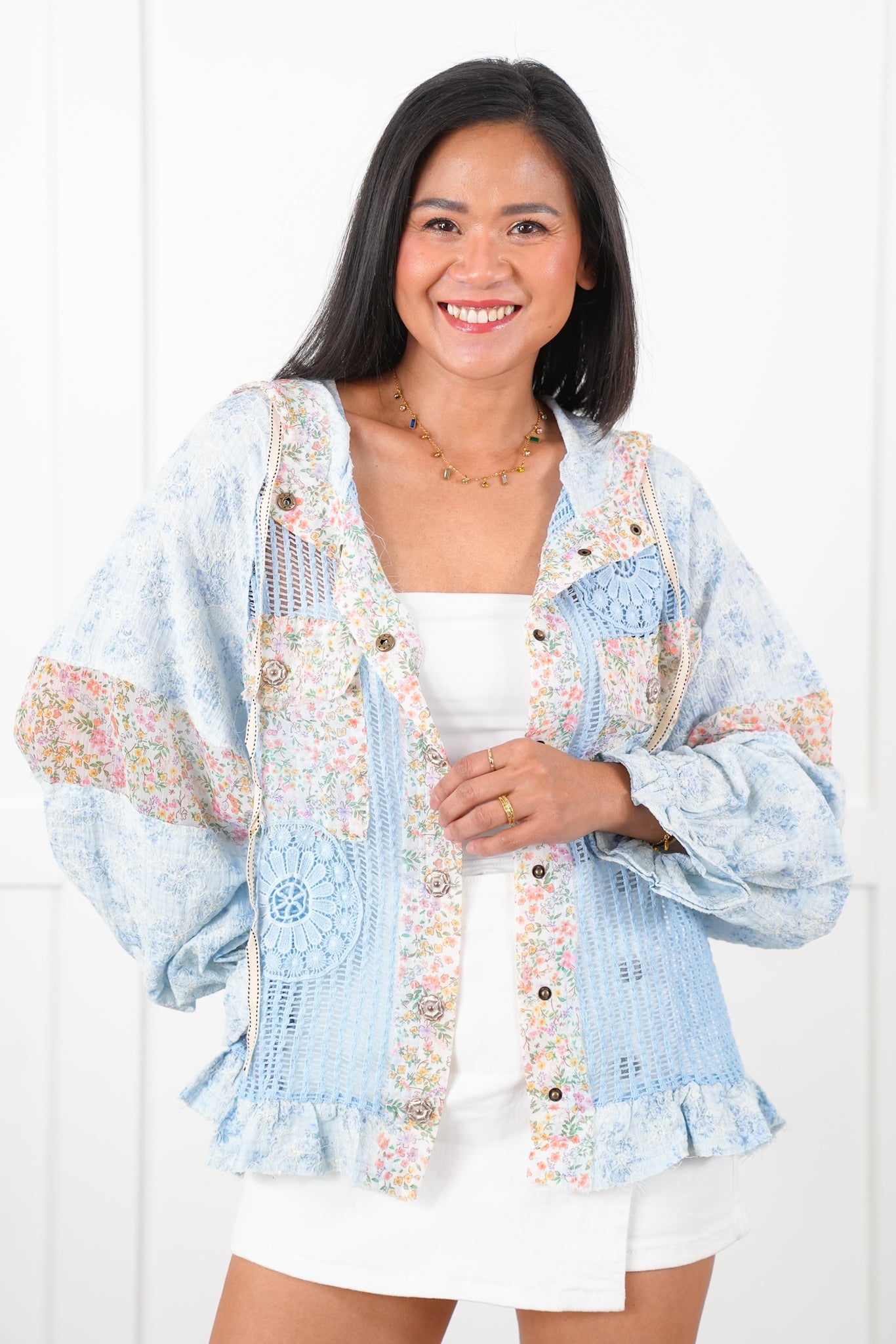POL Crochet and Floral Long Sleeve Hooded Jacket