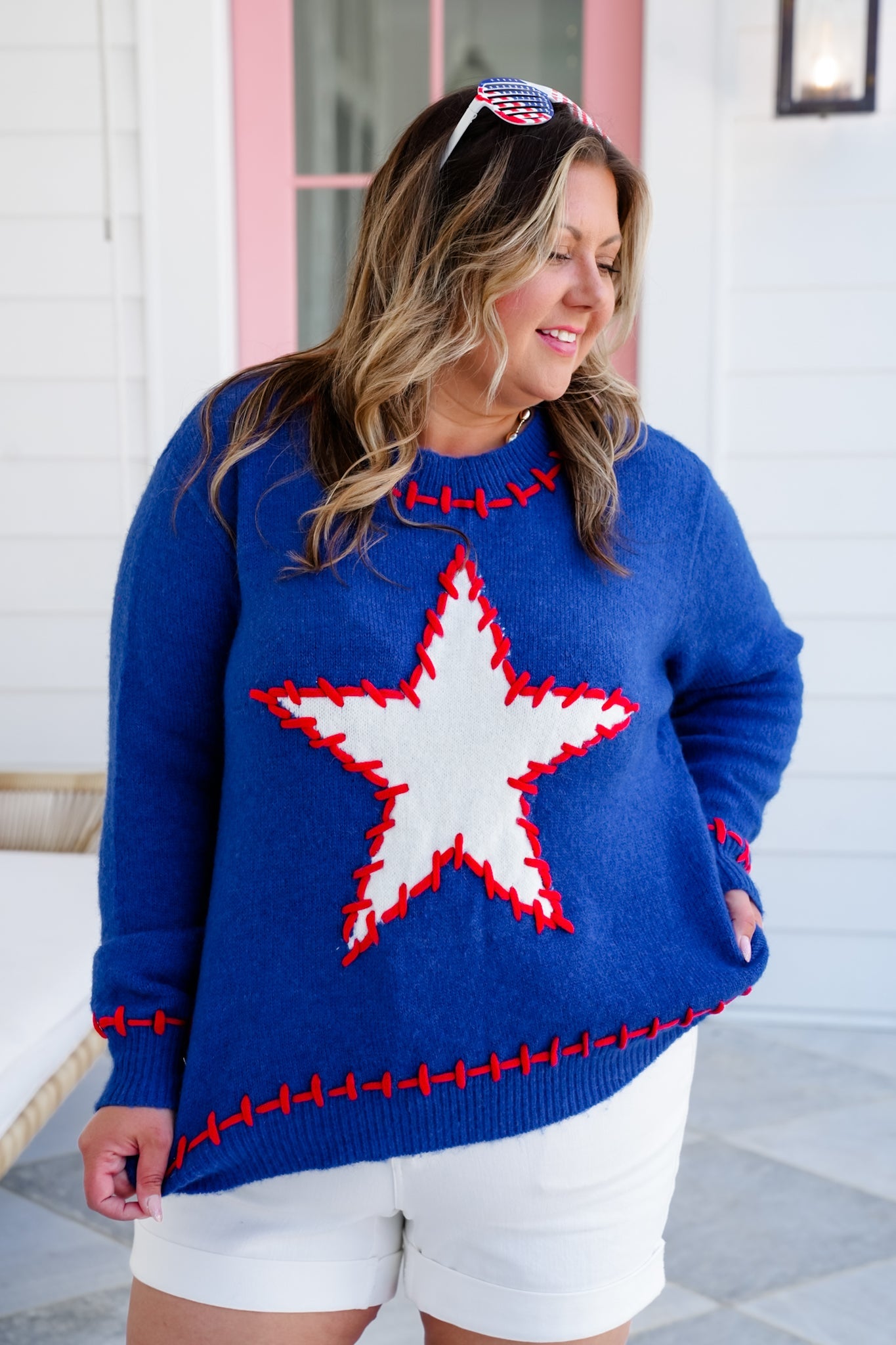 Blue Long Sleeve Pullover Sweater with Star Patch Detail