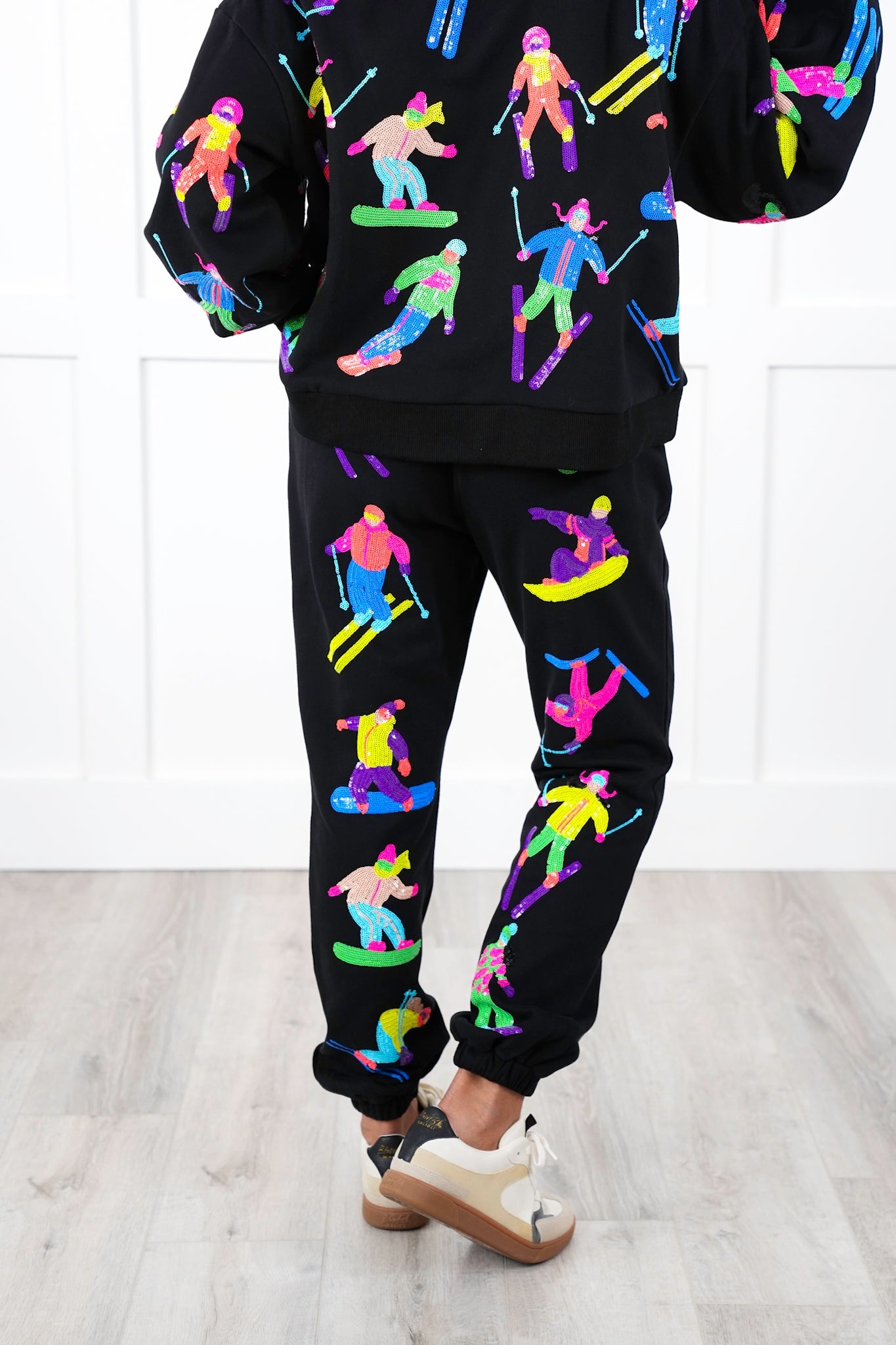 Plus/Reg Queen Of Sparkles All Over Neon Sequin Skiers Elastic Waist Joggers