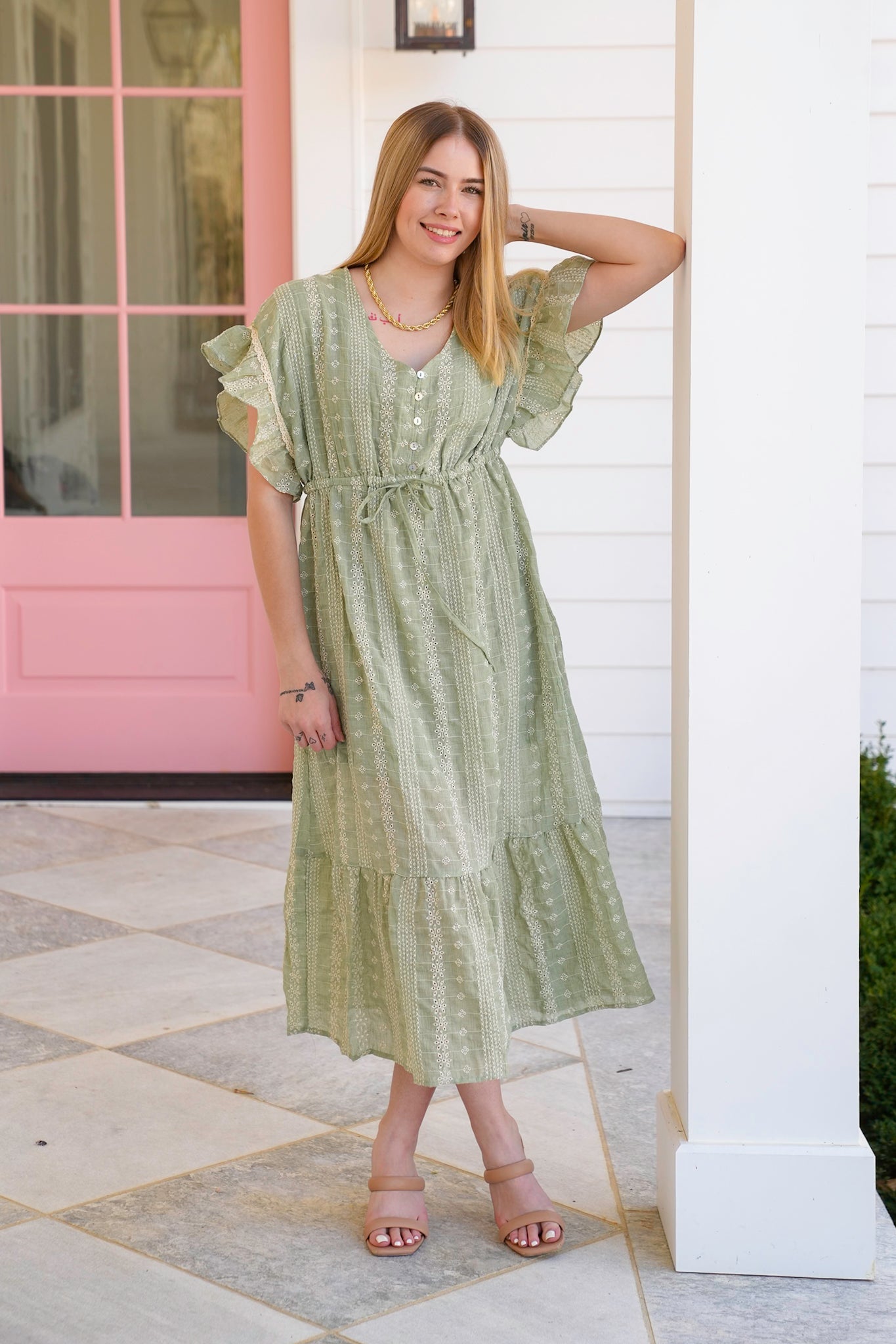 Embroidered Boho Short Ruffle Sleeve Midi Dress