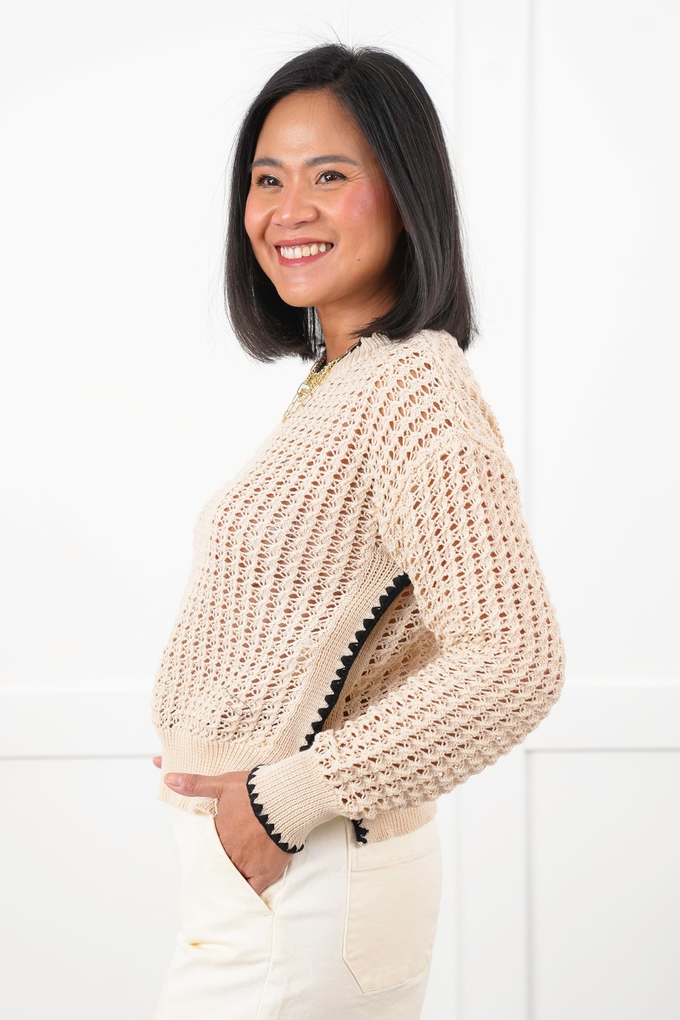 Plus/Reg Natural Loose Knit Long Sleeve Pullover Top with Trim Detail