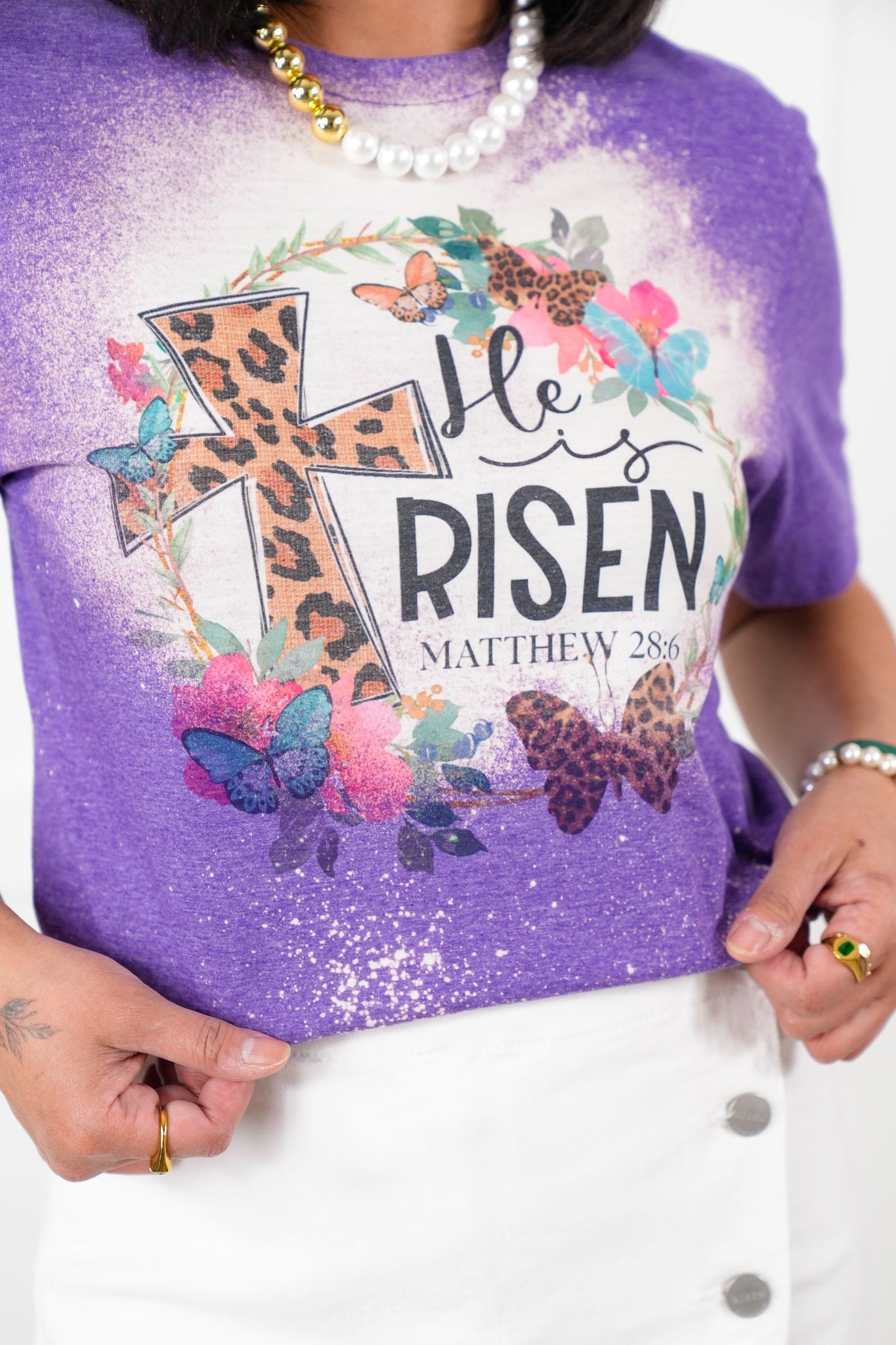 Plus/Reg Bleached Short Sleeve "He Is Risen" Graphic Tee