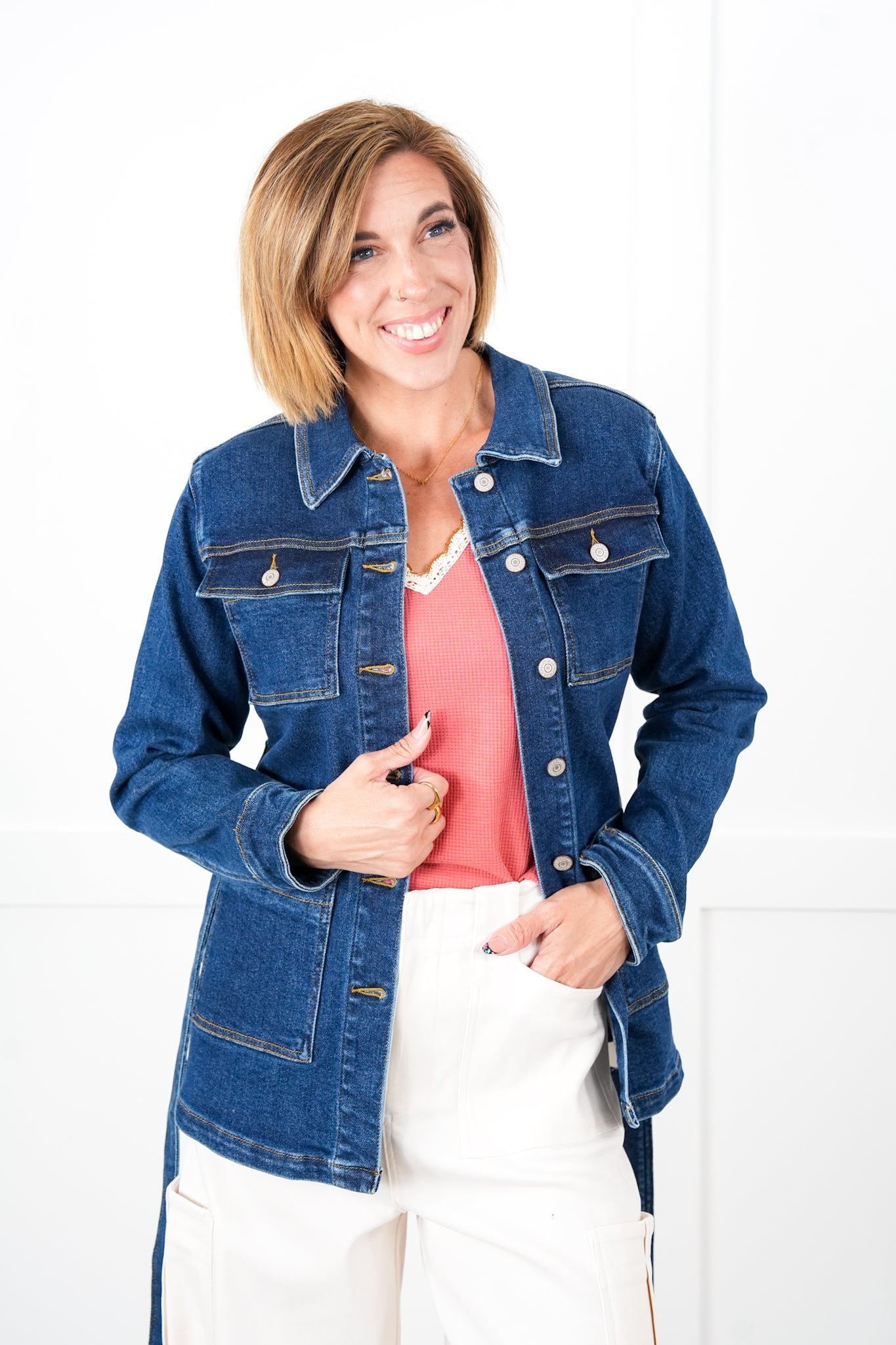 Plus/Reg Judy Blue Dark Denim Button Down Mid Length Utility Jacket