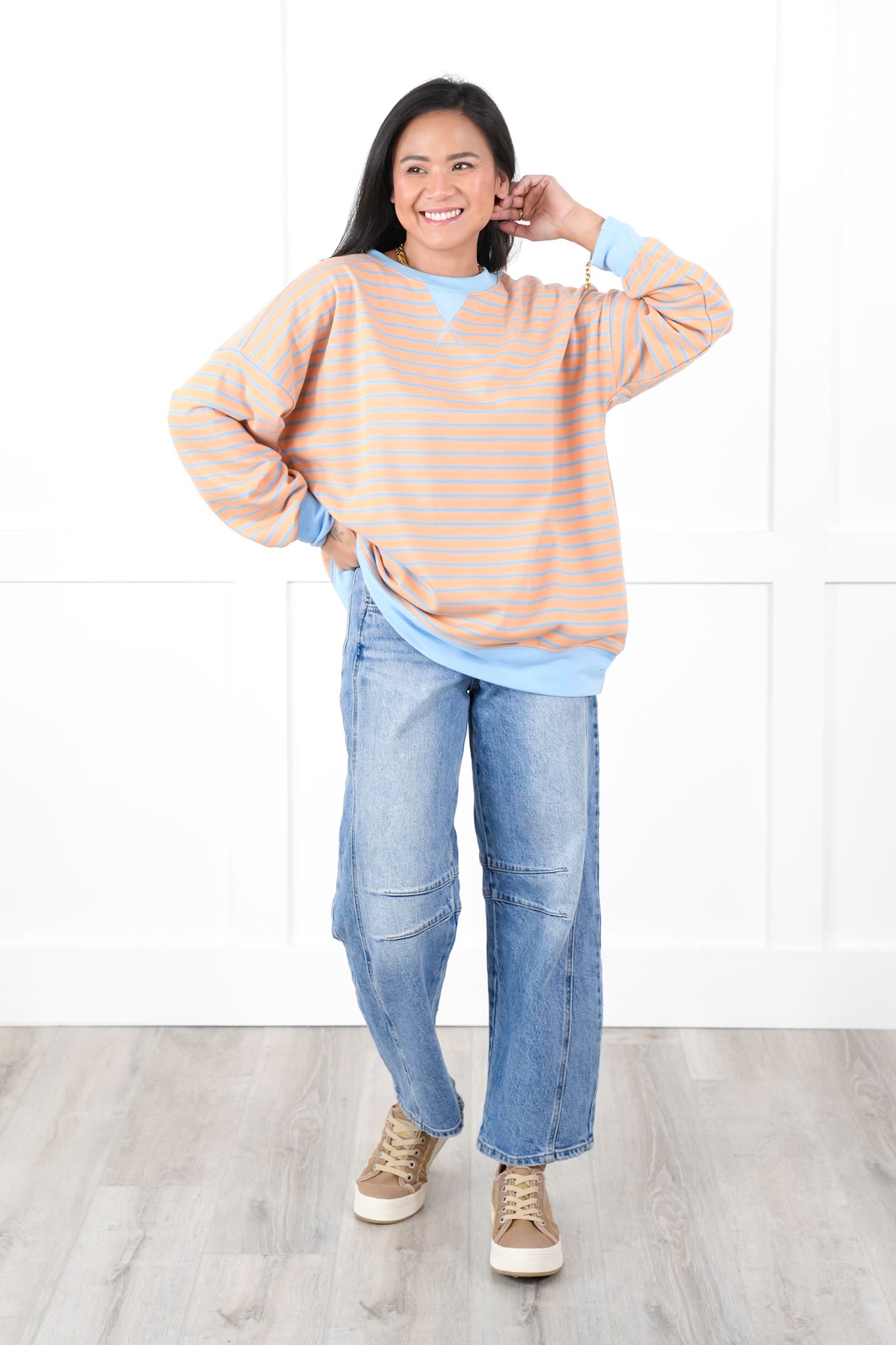 Striped French Terry Long Sleeve Pullover Sweatshirt