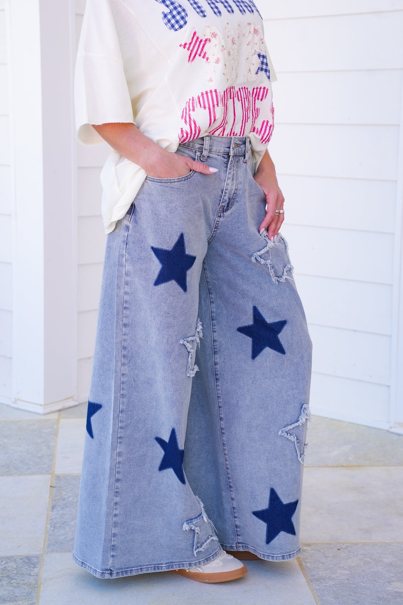 Mineral Wash Denim Wide Leg Pants with Star Patch Detail