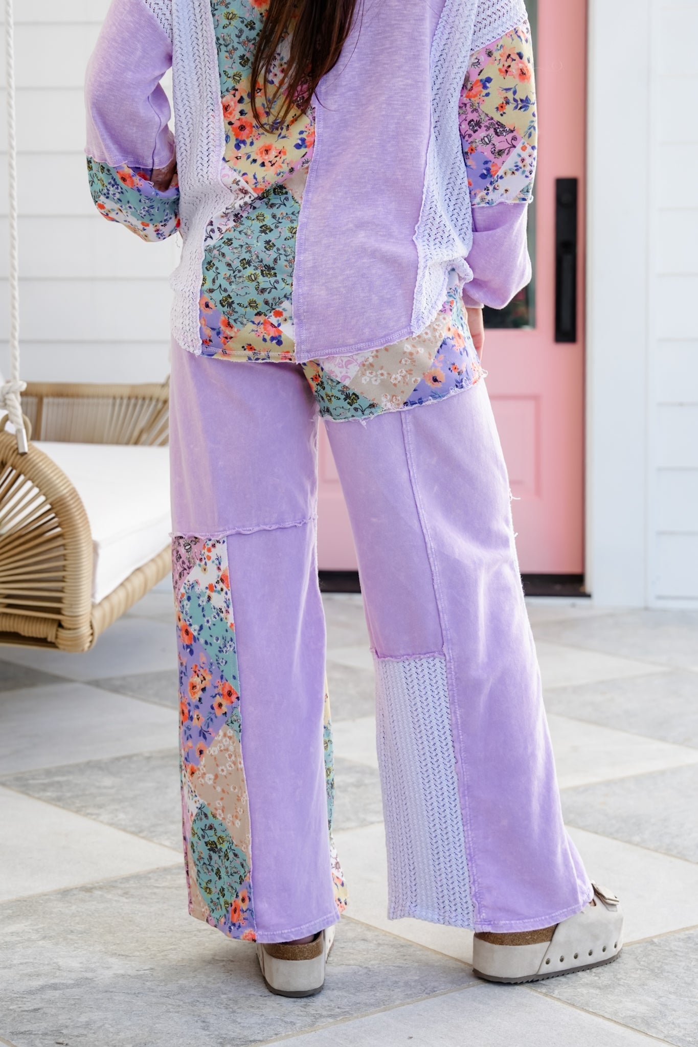 Color Block Floral Elastic Waist Wide Leg Knit Pants with Side Pockets