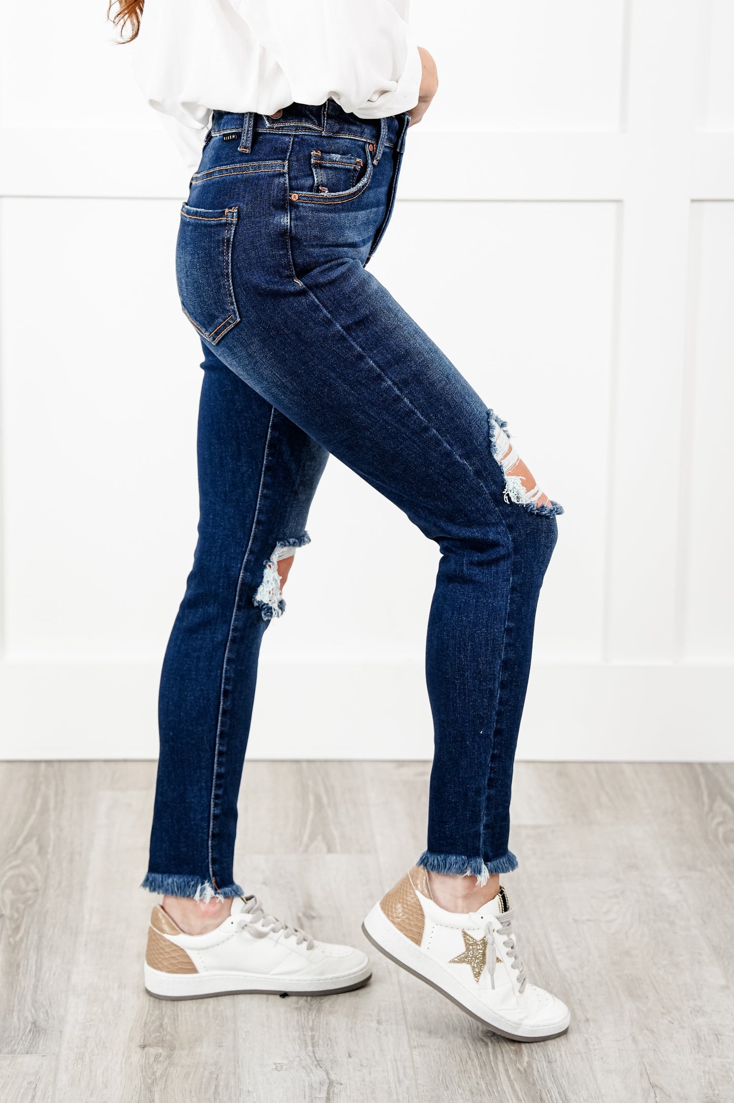 Risen High Rise Dark Wash Distressed Tummy Control Adjustable Waist Skinny Jeans