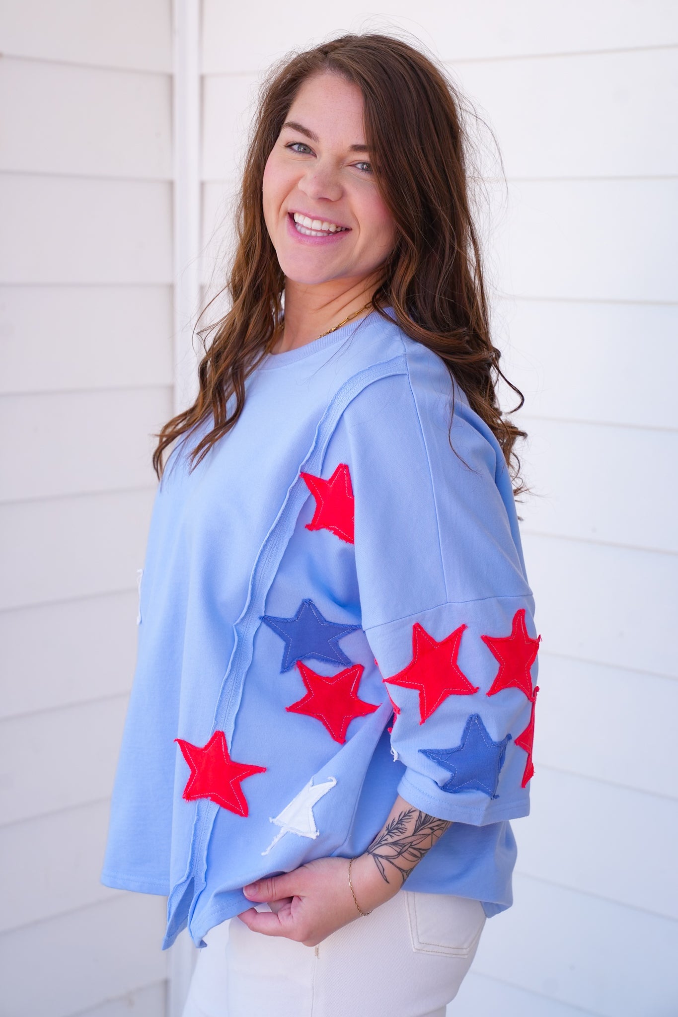 Restock! Plus/Reg Knit 3/4 Sleeve Pullover Top with Star Patch Detail