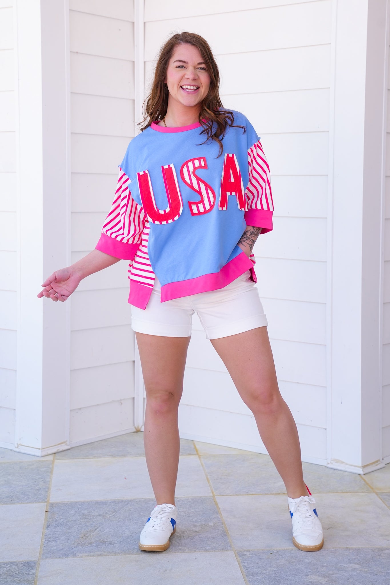 Restock! USA Lettering Patchwork Short Sleeve Pullover Top
