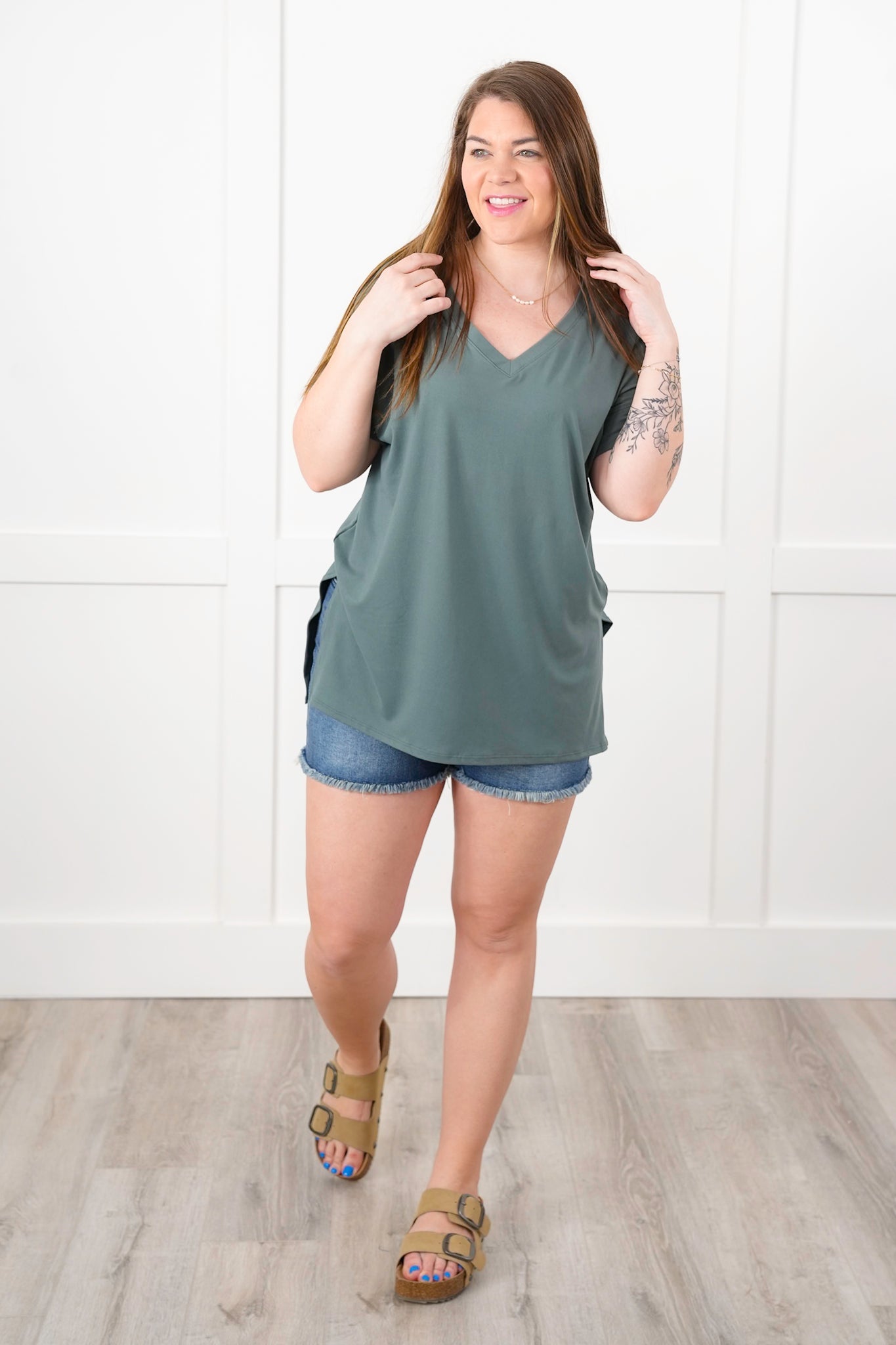 Door Buster! Zenana Rolled Short Sleeve V-Neck Top with Side Slit High-Low Hem