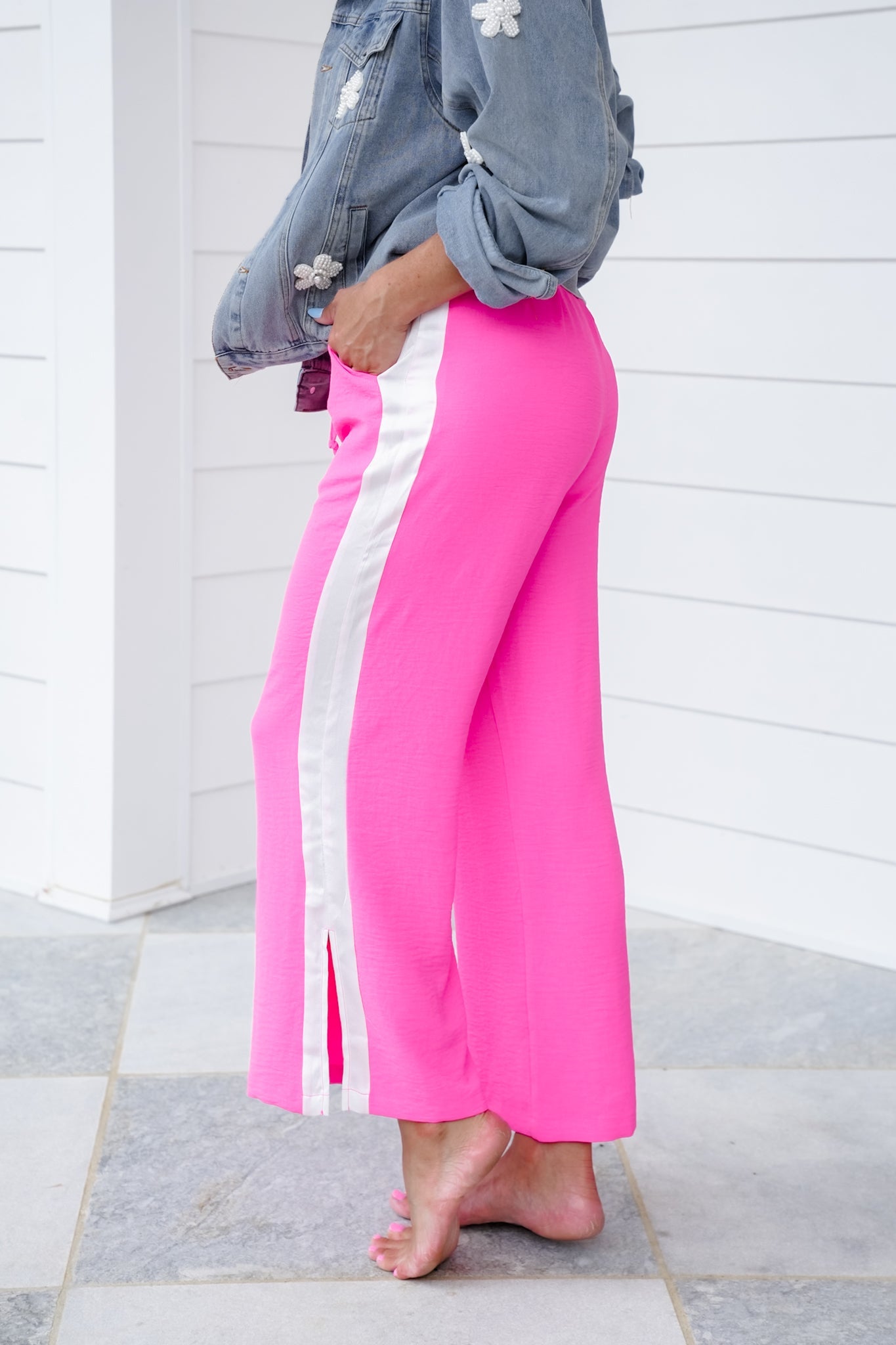 Pink Elastic Waist Pants with Side Stripe Detail