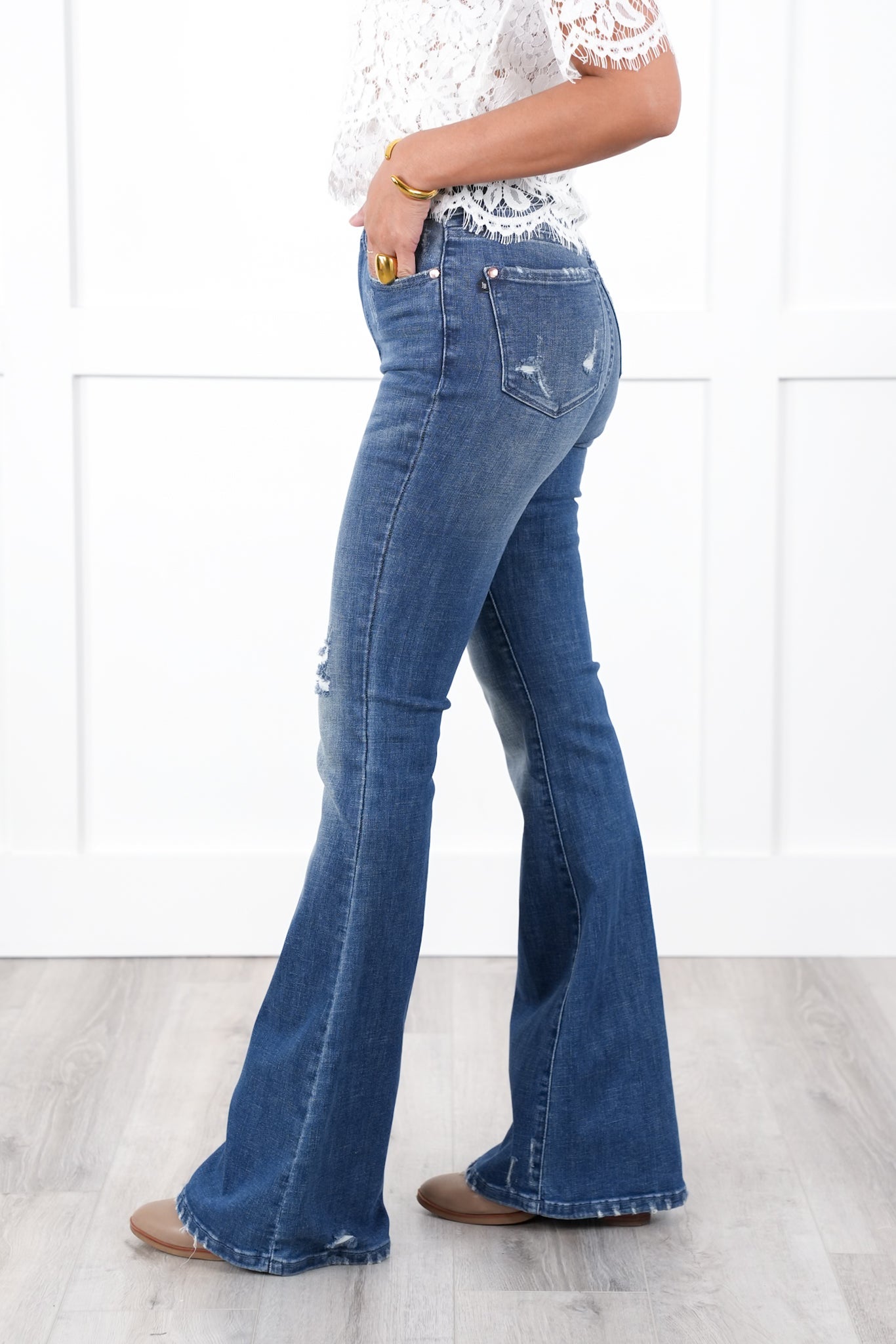 Judy Blue High Rise Dark Wash with Contrast Distressed Flare Jeans
