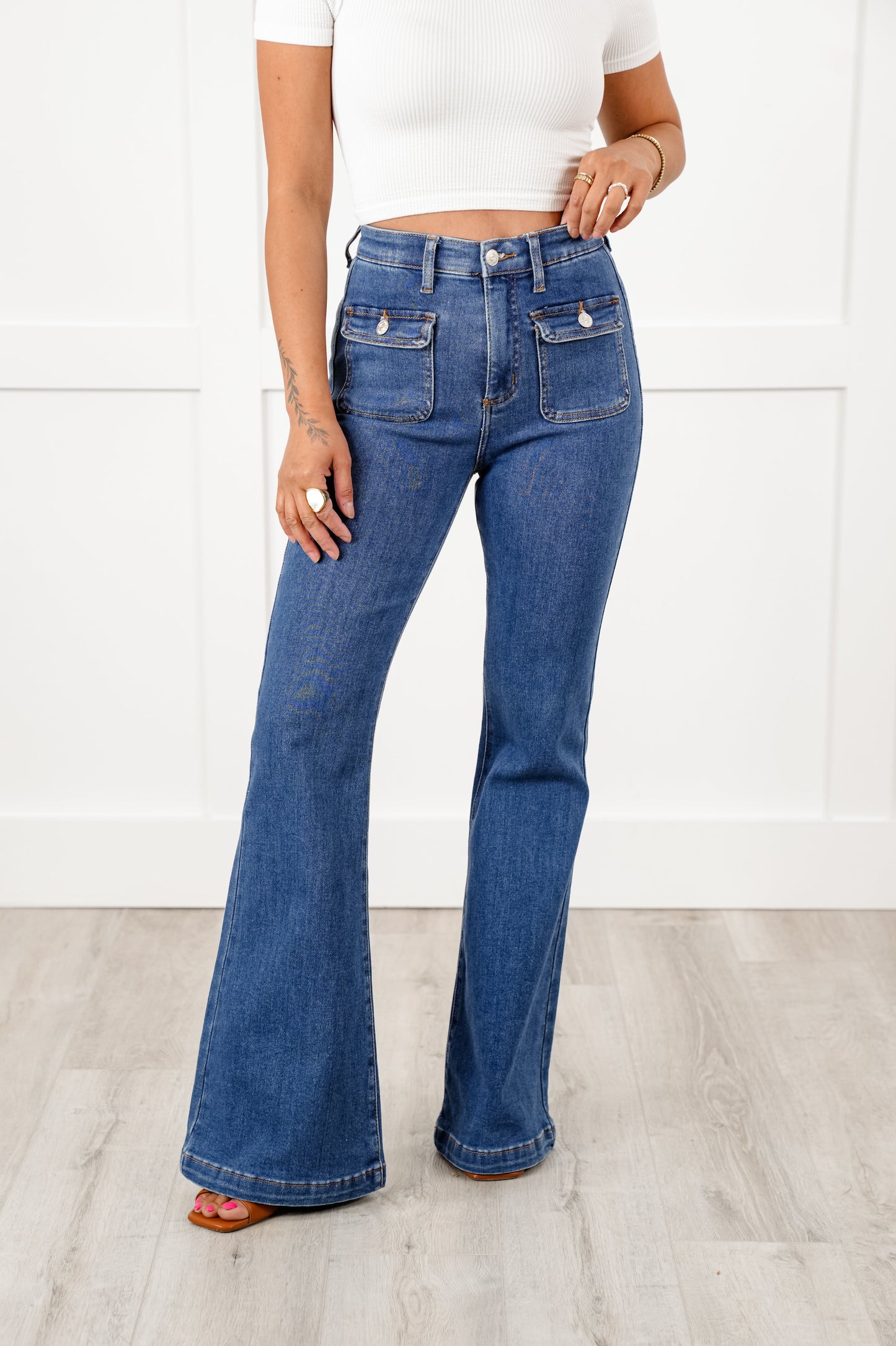 Special A High Rise Medium Wash Tummy Control Flare Jeans with Patch Pockets