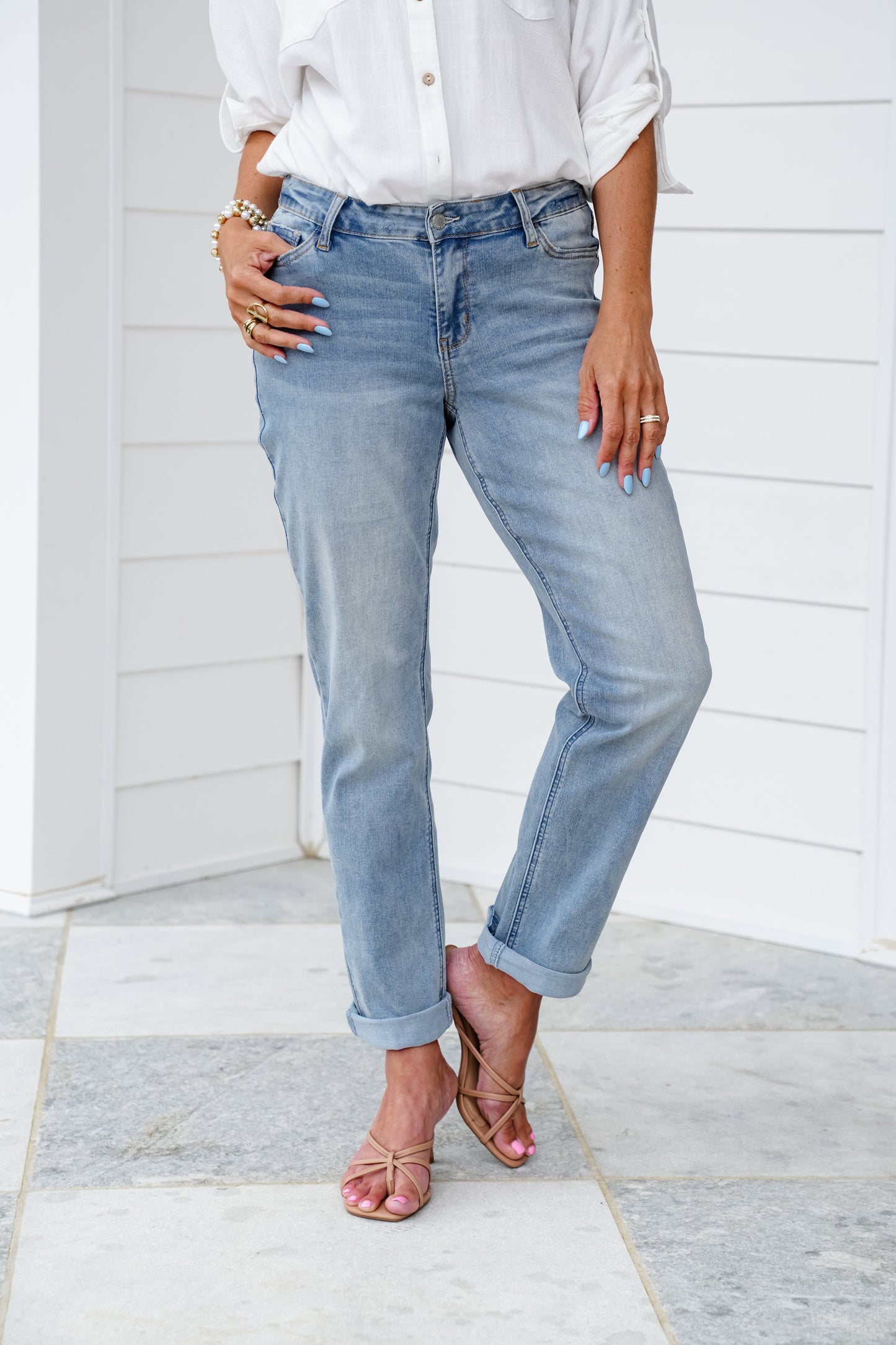 Judy Blue Riptide Mid Rise Medium Wash V Front Cuffed Boyfriend Jeans with Cool Denim