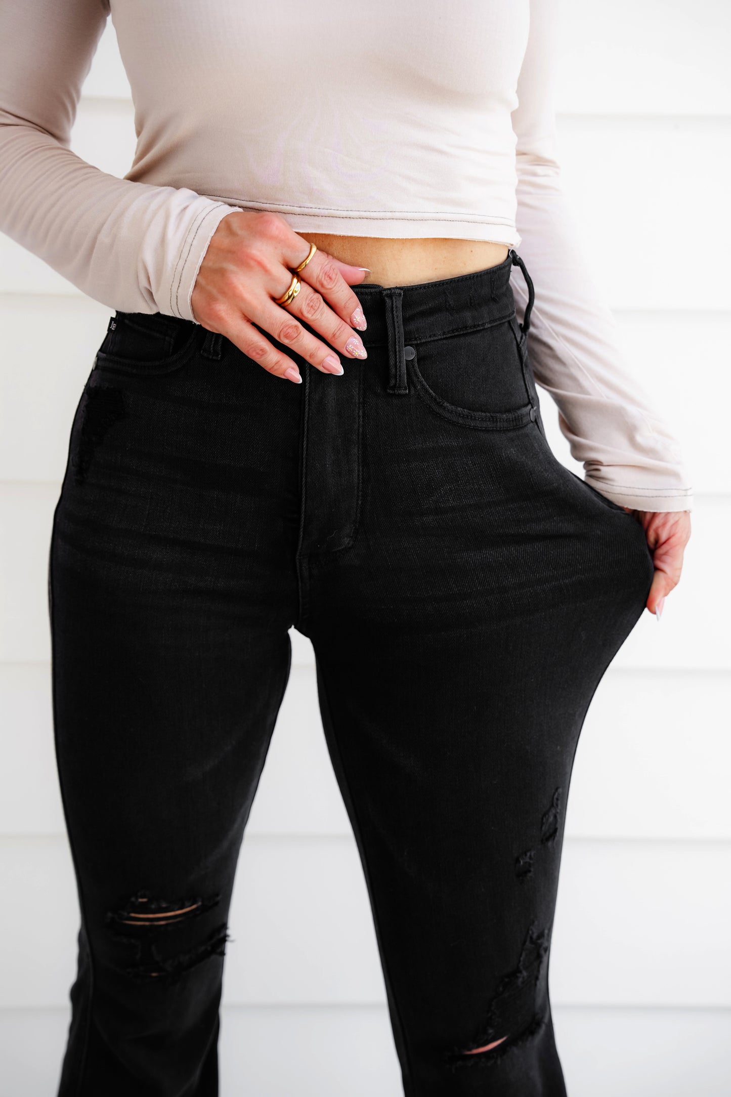Judy Blue High Rise Black Tummy Control Distressed Flare Jeans