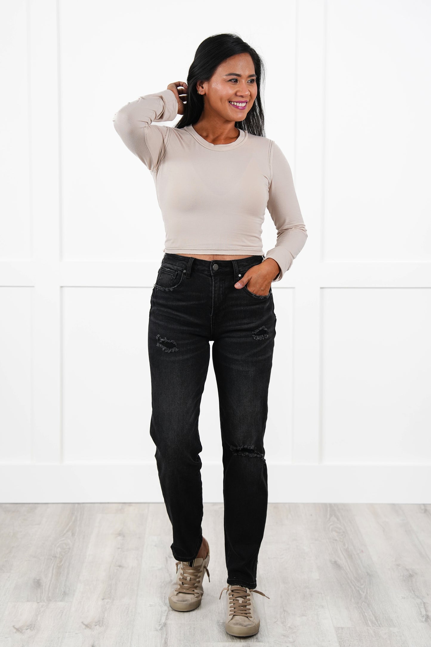 Risen Black Distressed Mid Rise Boyfriend Jeans