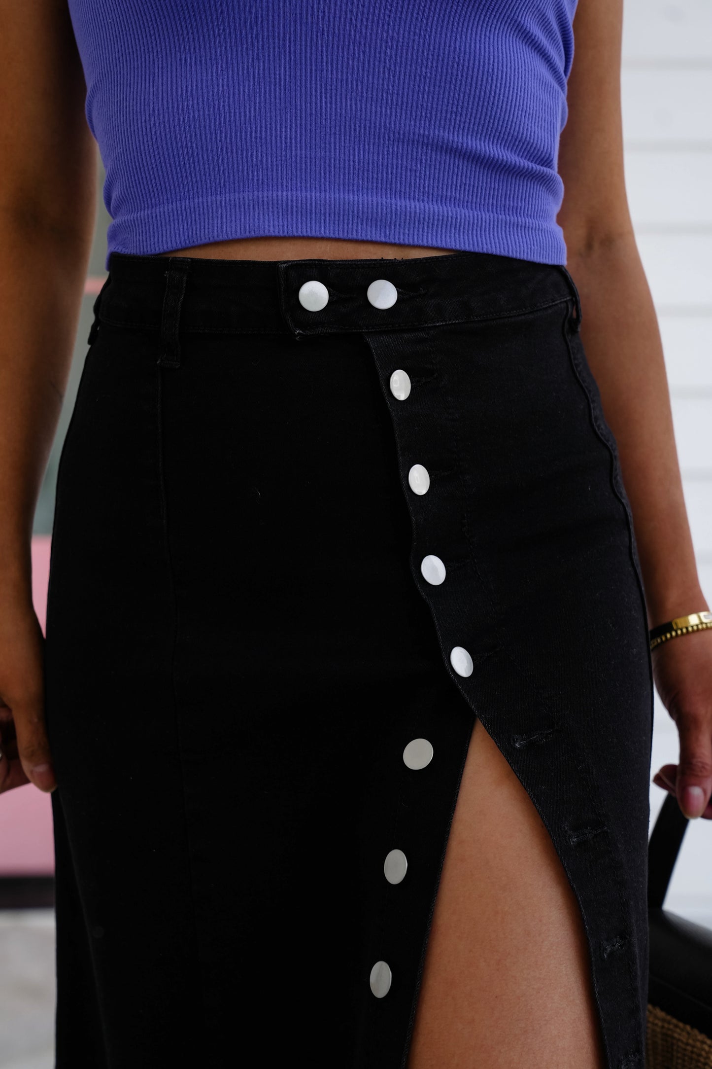 Black Denim High Waist Button Fly Side Slit Midi Skirt