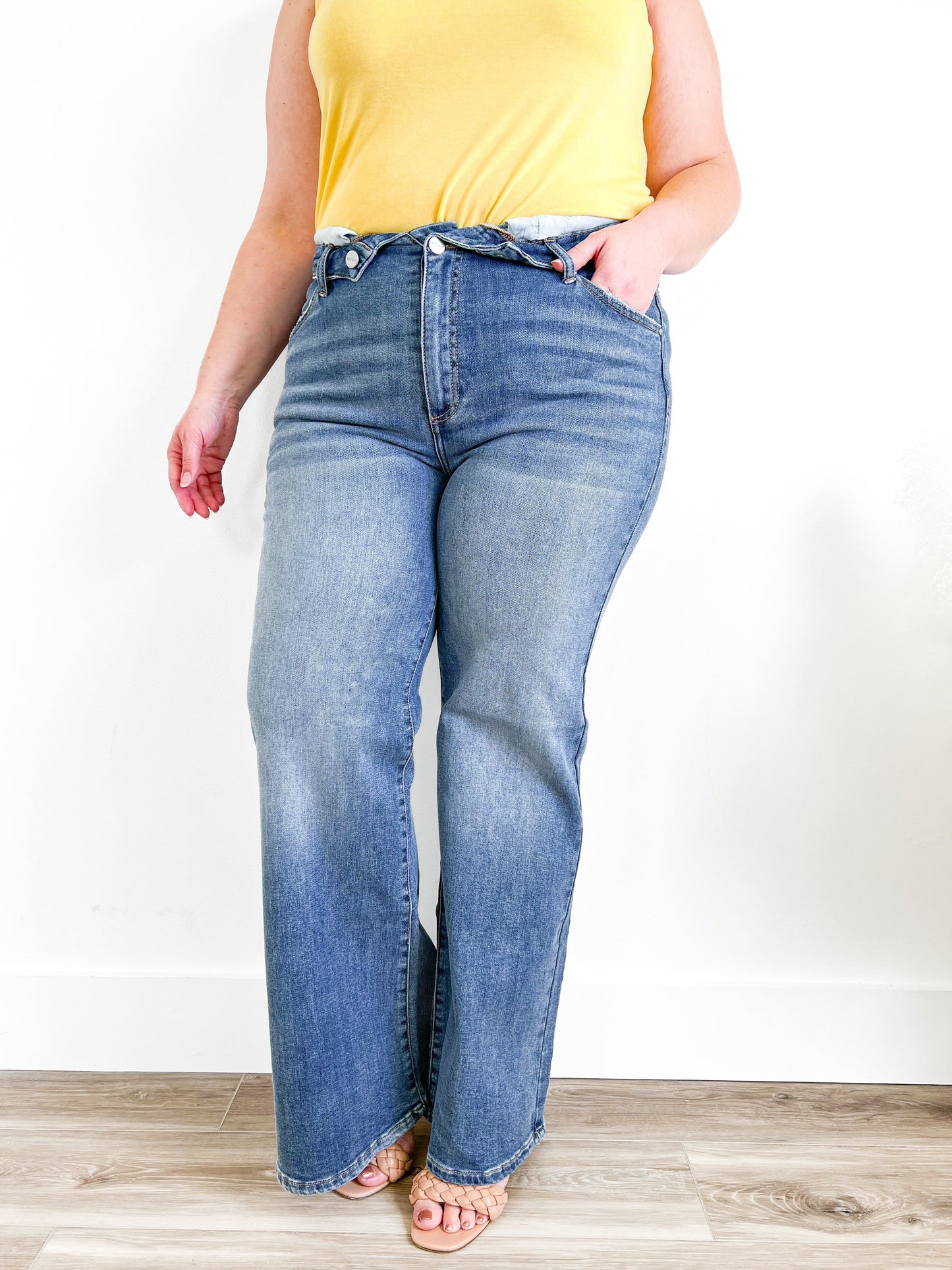 Risen Medium Wash Mid Rise Flap Straight Jeans