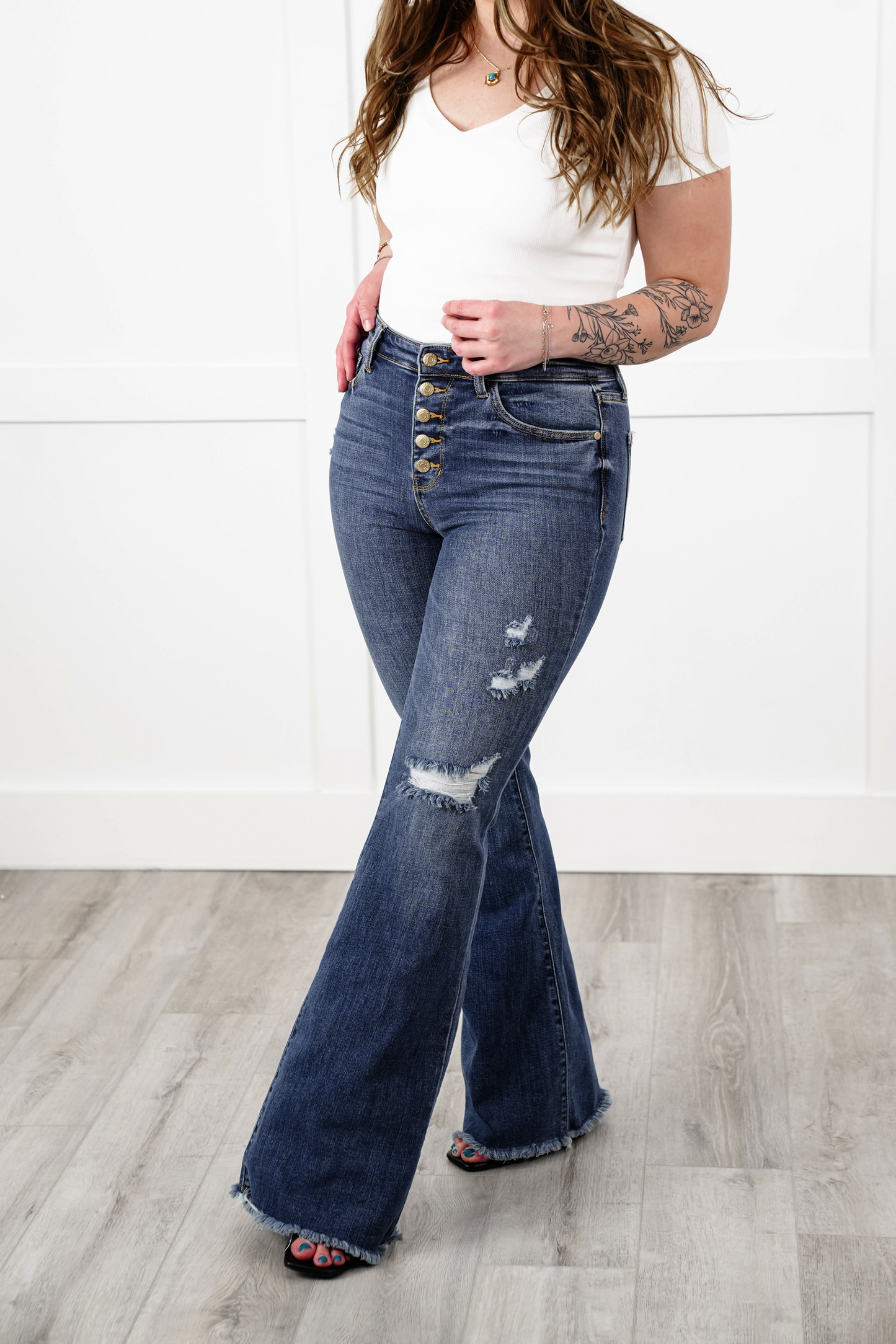 Judy Blue Mid Rise Medium Wash Button Fly Distressed Flare Jeans with Fray Hem