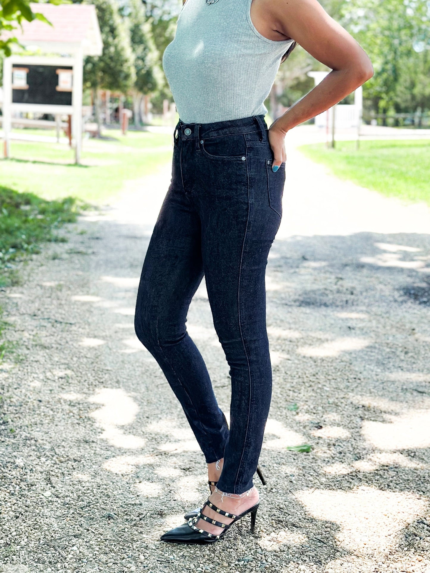 Judy Blue Starry Night High Rise Dark Wash Tummy Control Top Raw Hem Jeans