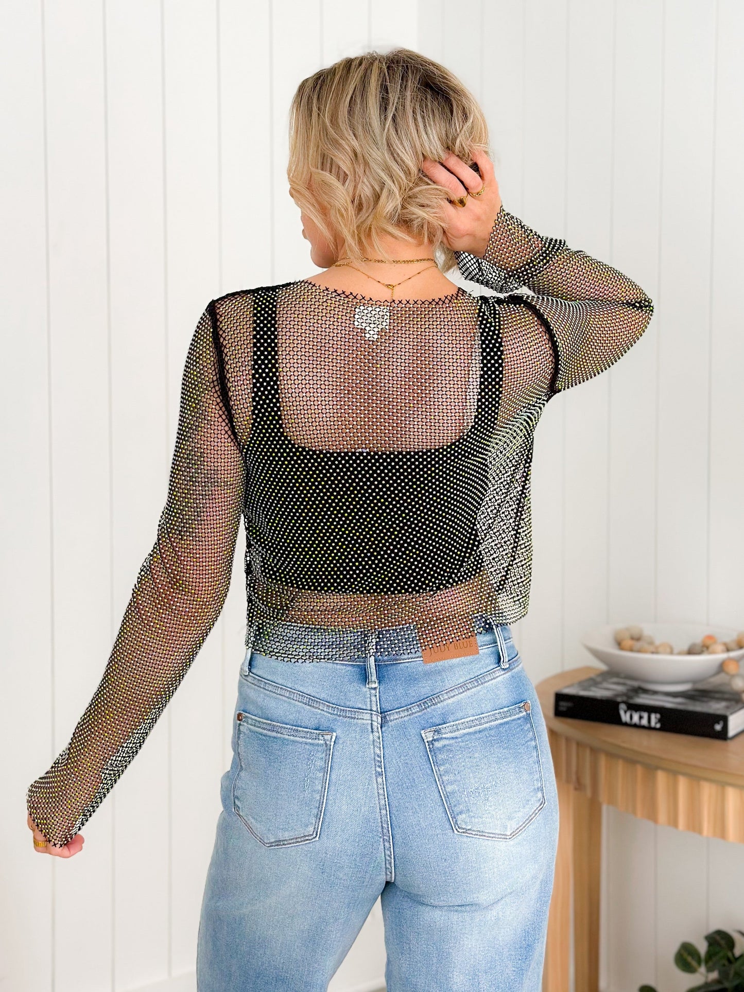Metallic Rhinestone Mesh Long Sleeve Top (Multiple Colors)