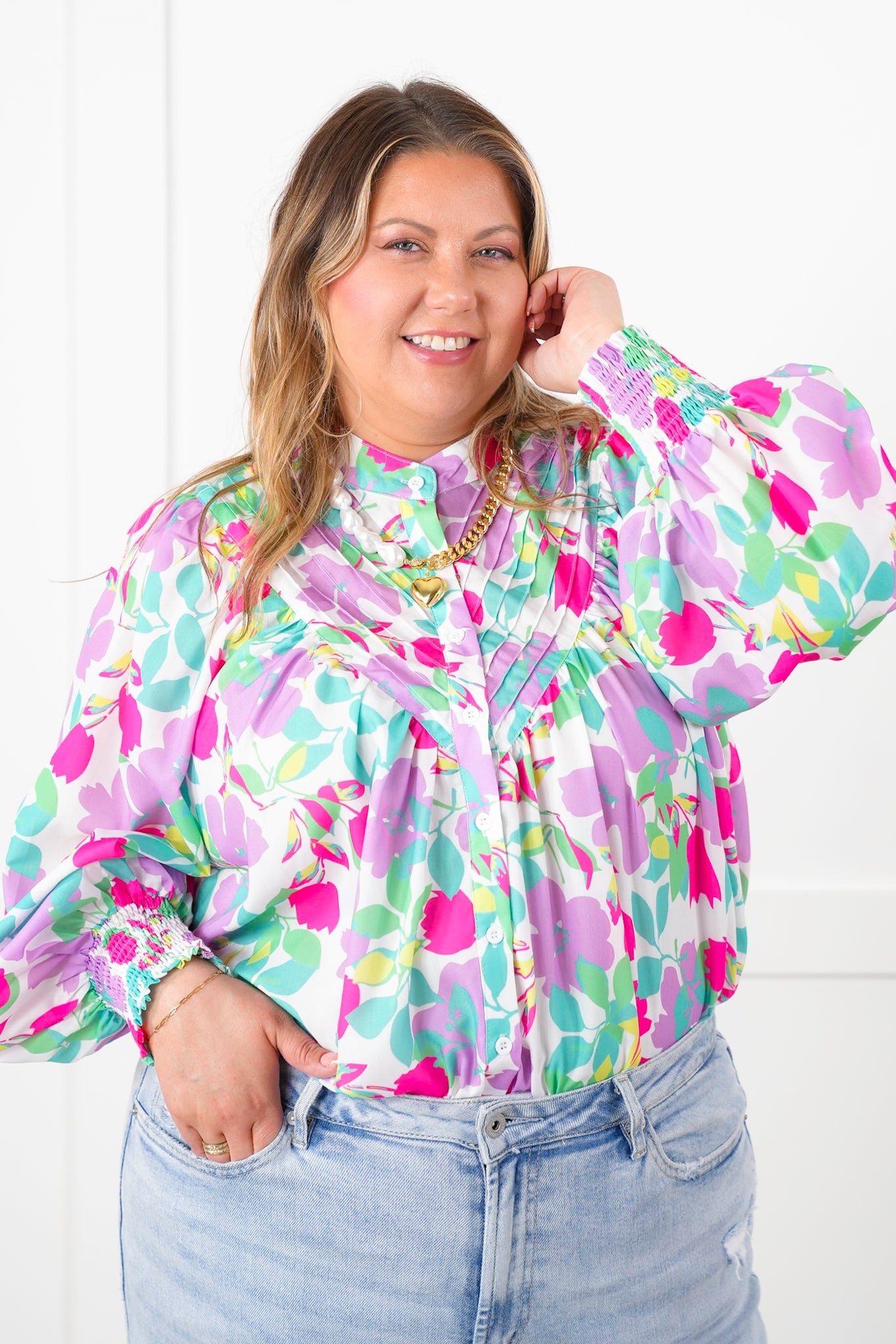 Plus/Reg Pastel Floral Long Sleeve Button Down Blouse