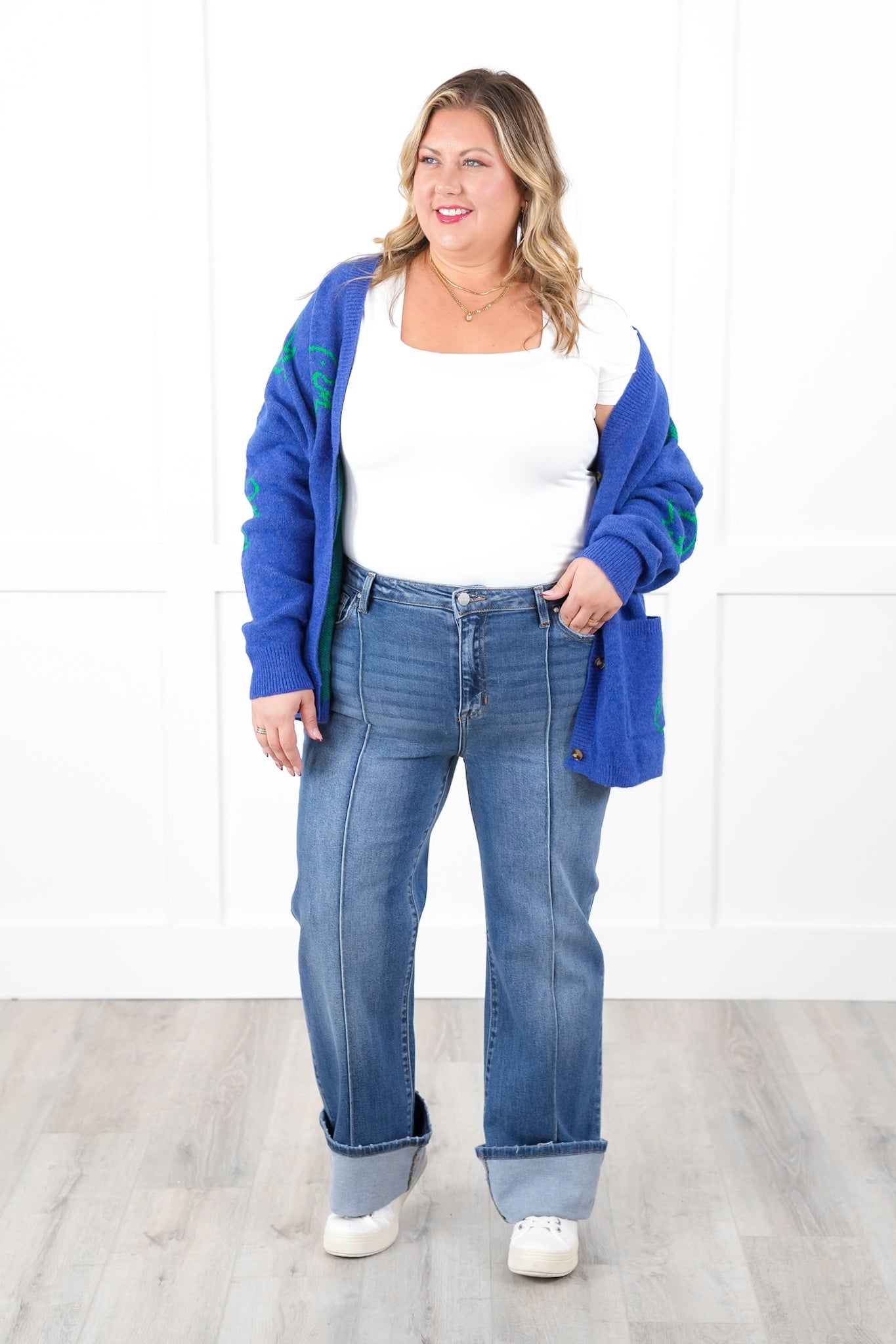 Risen High Rise Medium Wash Wide Leg Straight Cuffed Ankle Jeans