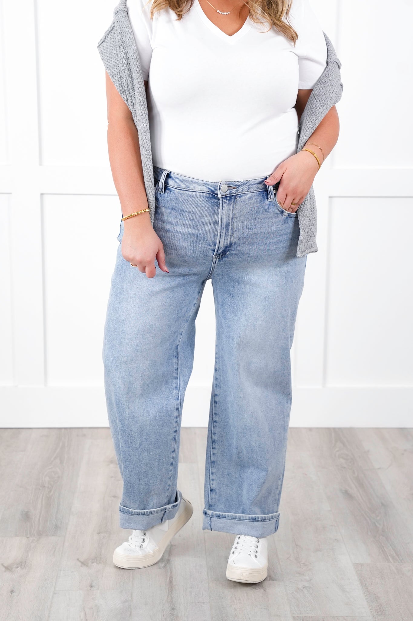 Risen High Rise Light Wash Ankle Barrel Jeans with Cuff