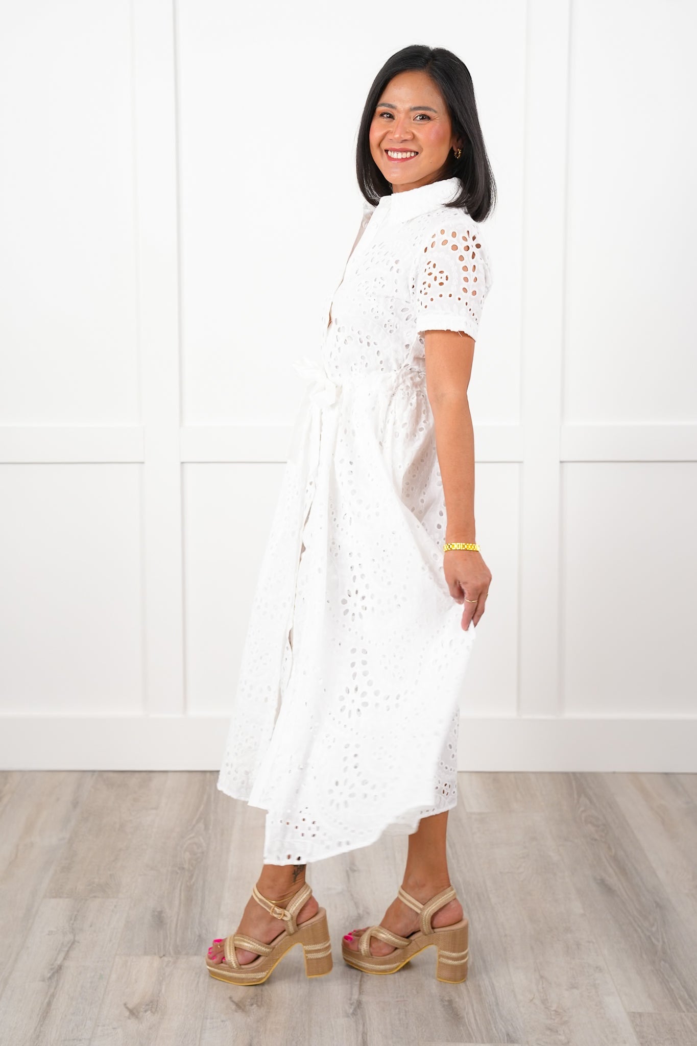 White Eyelet Short Sleeve Button Down Midi Dress with Belt Detail