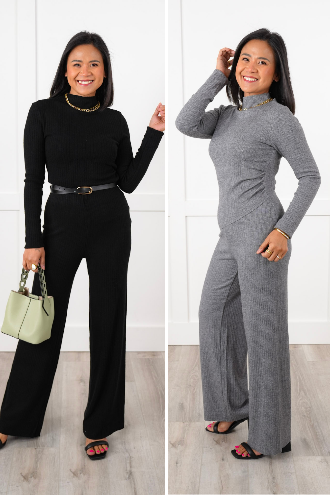 Ribbed Knit Long Sleeve Top and Wide Leg Pants Set