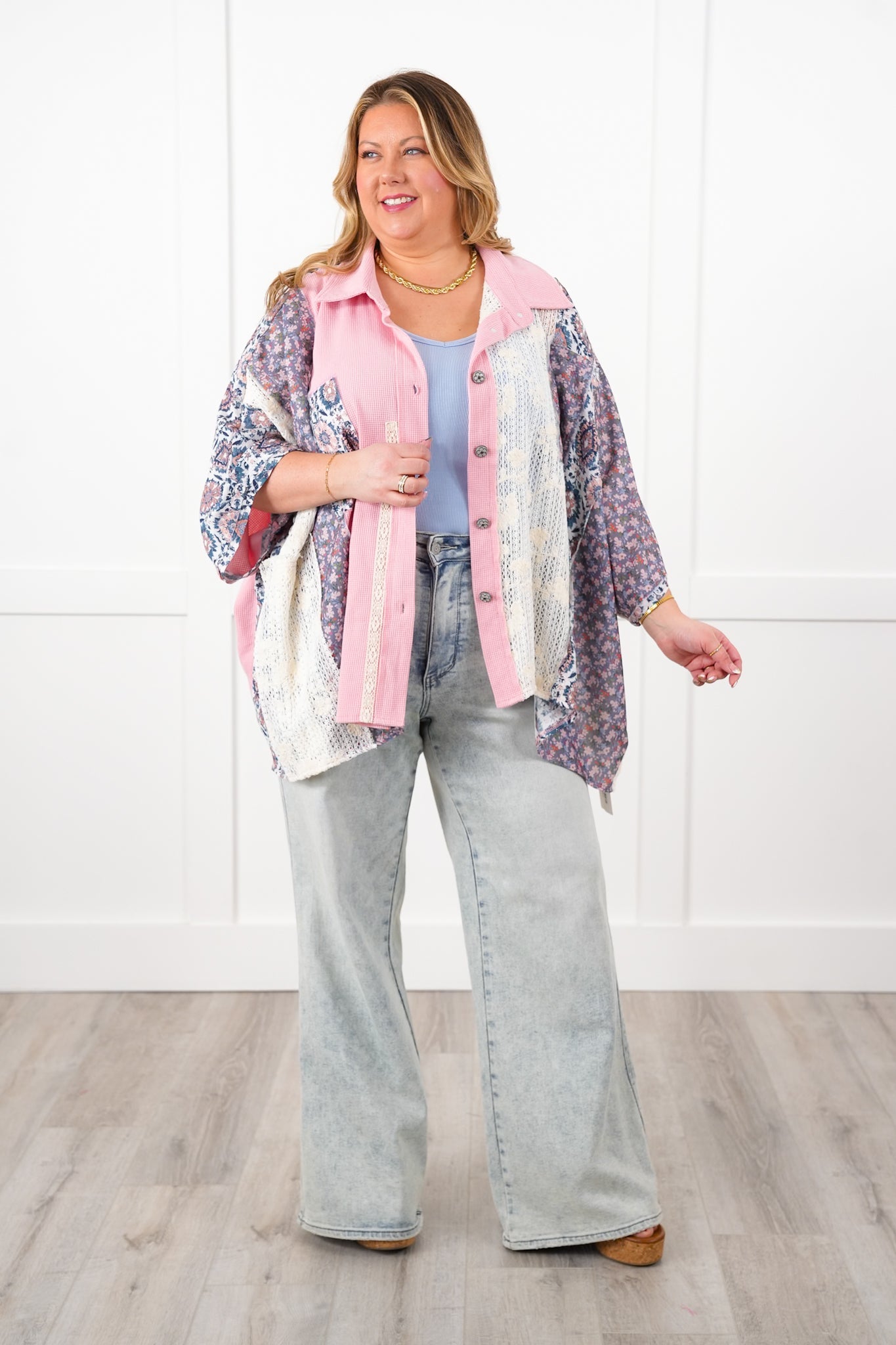 POL Thermal Long Dolman Sleeve Button Down Top with Contrast Print Detail