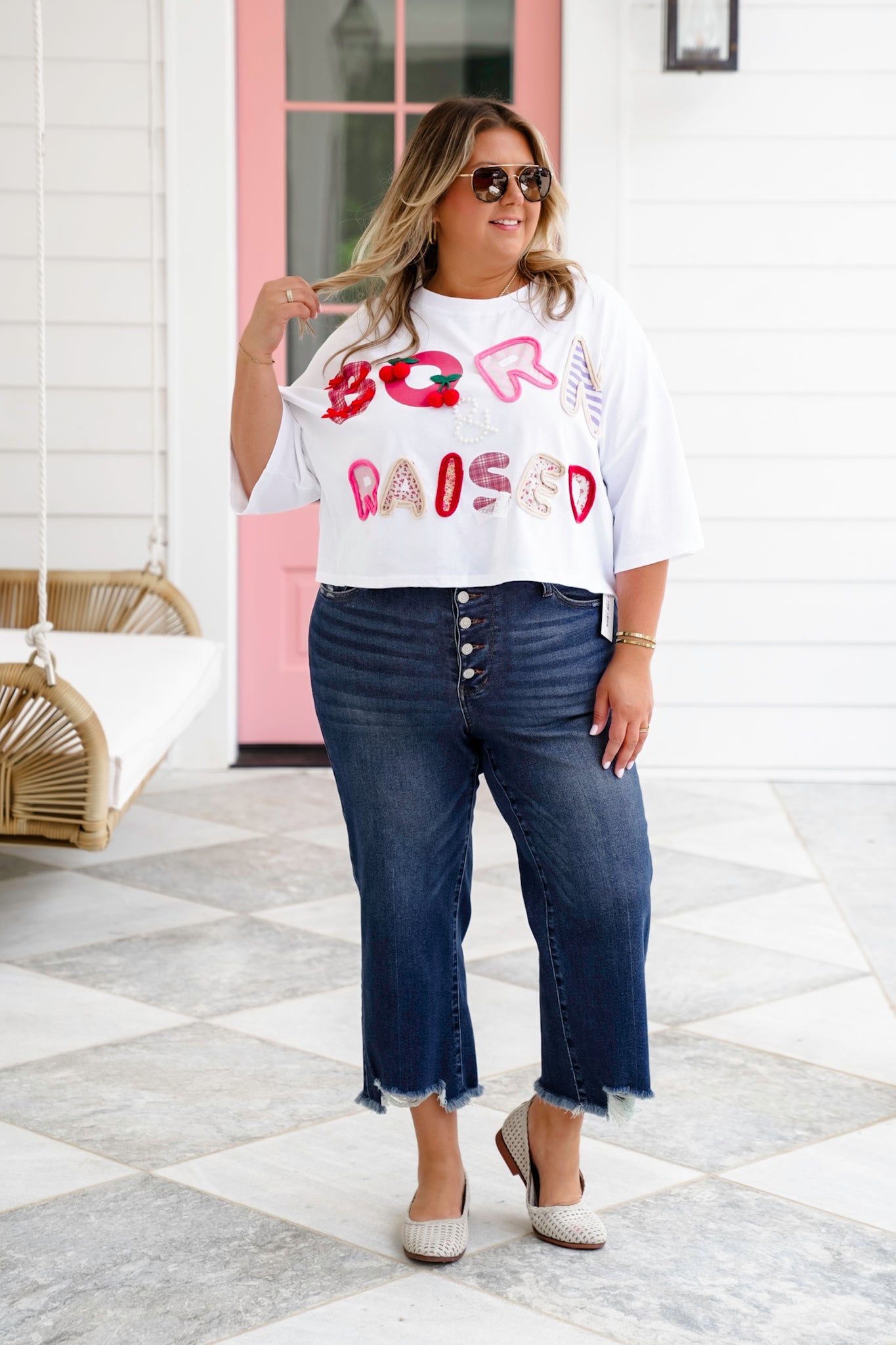 Short Sleeve "Born & Raised" Patchwork Crop Top