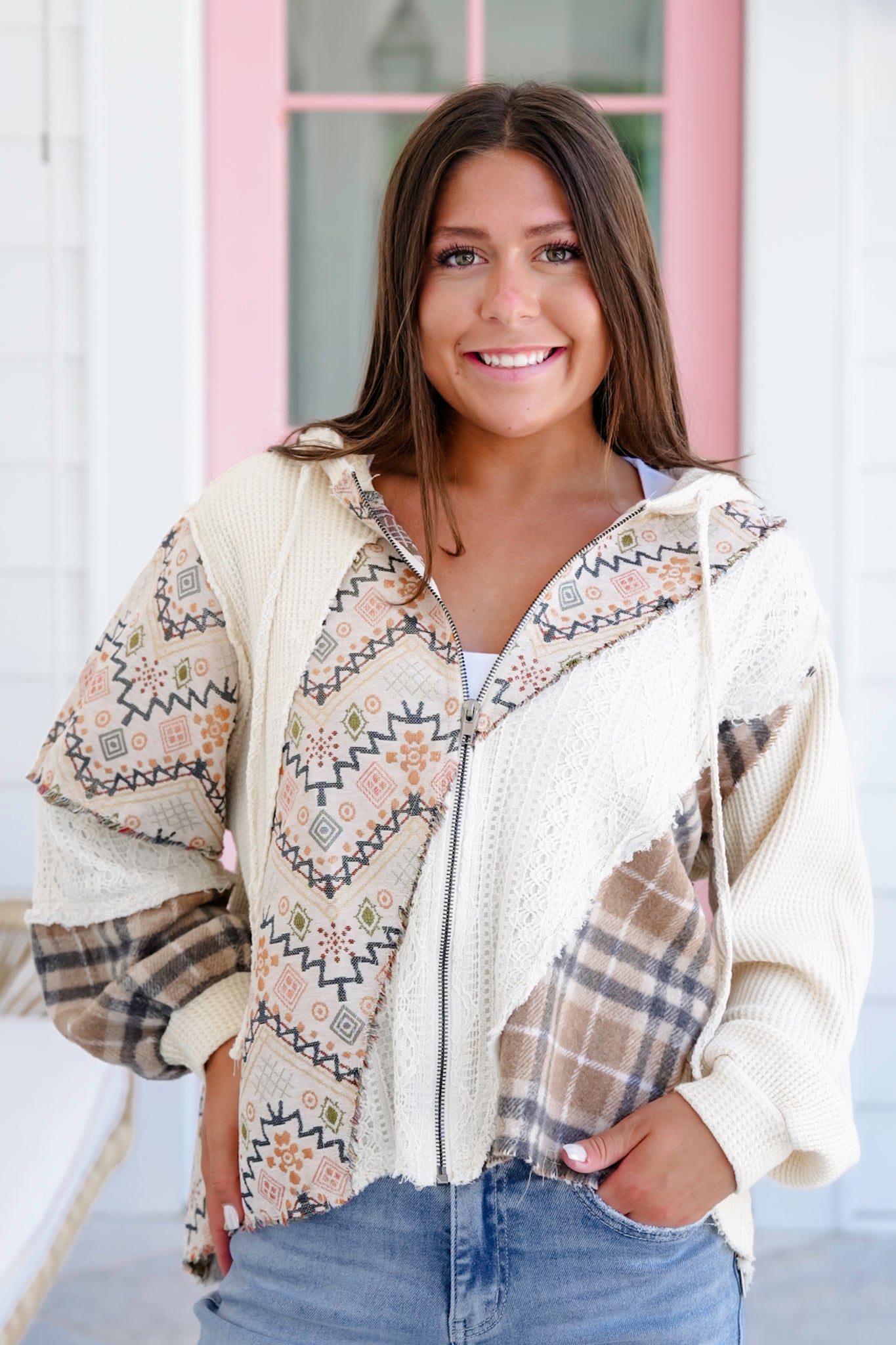 POL Mixed Fabric Long Sleeve Zip-Up Hooded Jacket