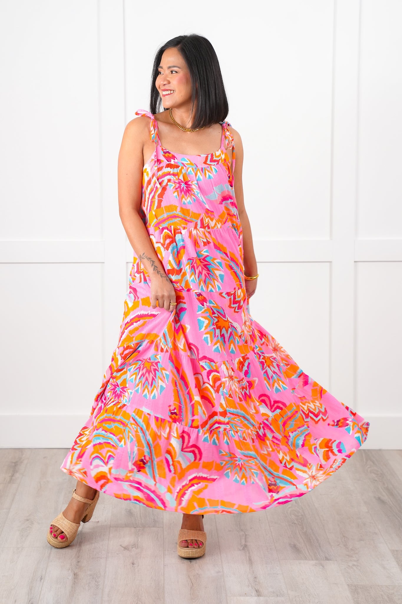 Multi Color Print Sleeveless Tie Shoulder Tiered Ruffle Midi Dress