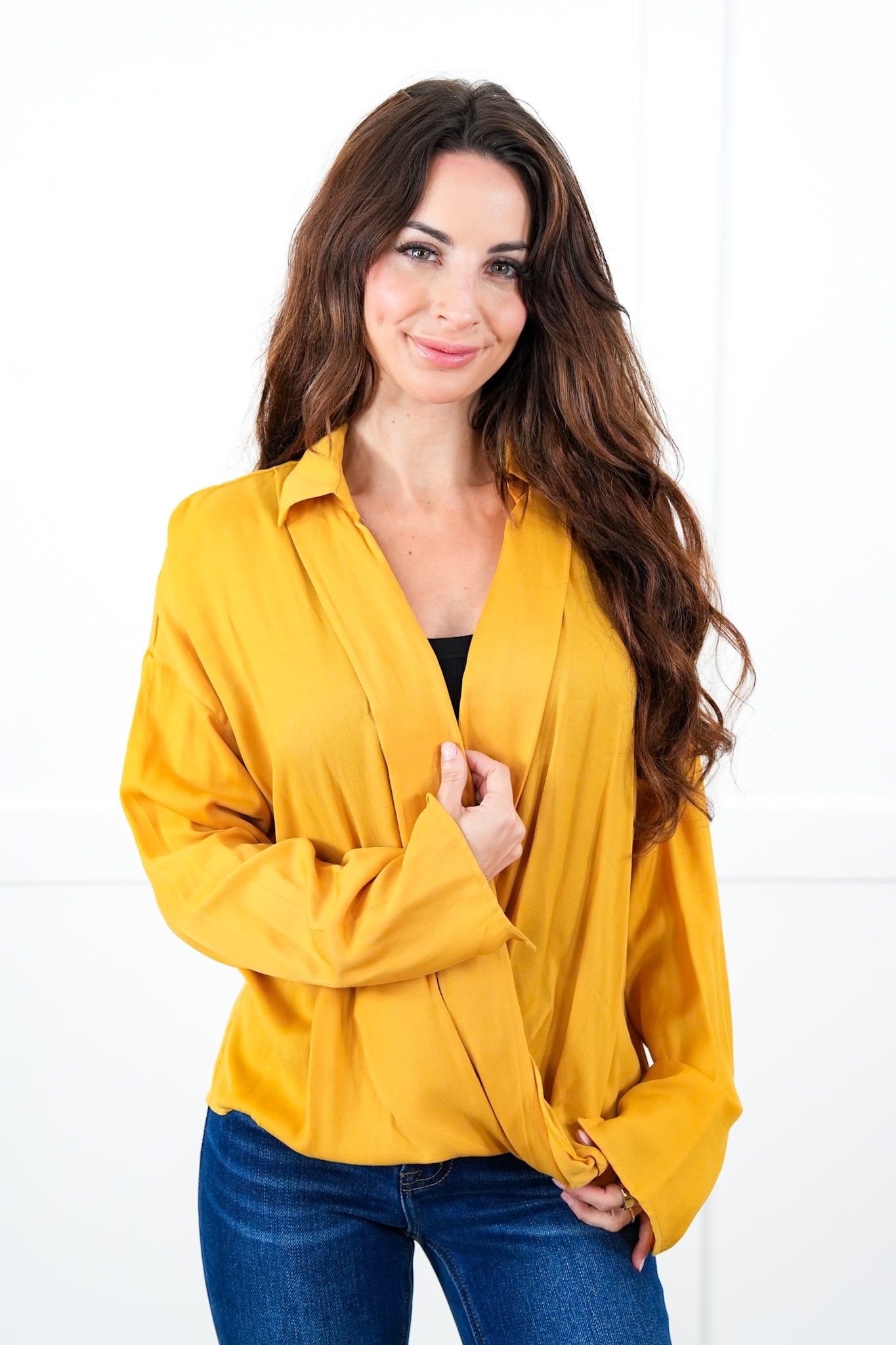 Solid Long Sleeve V Neck Wrap Blouse (Multiple Colors)