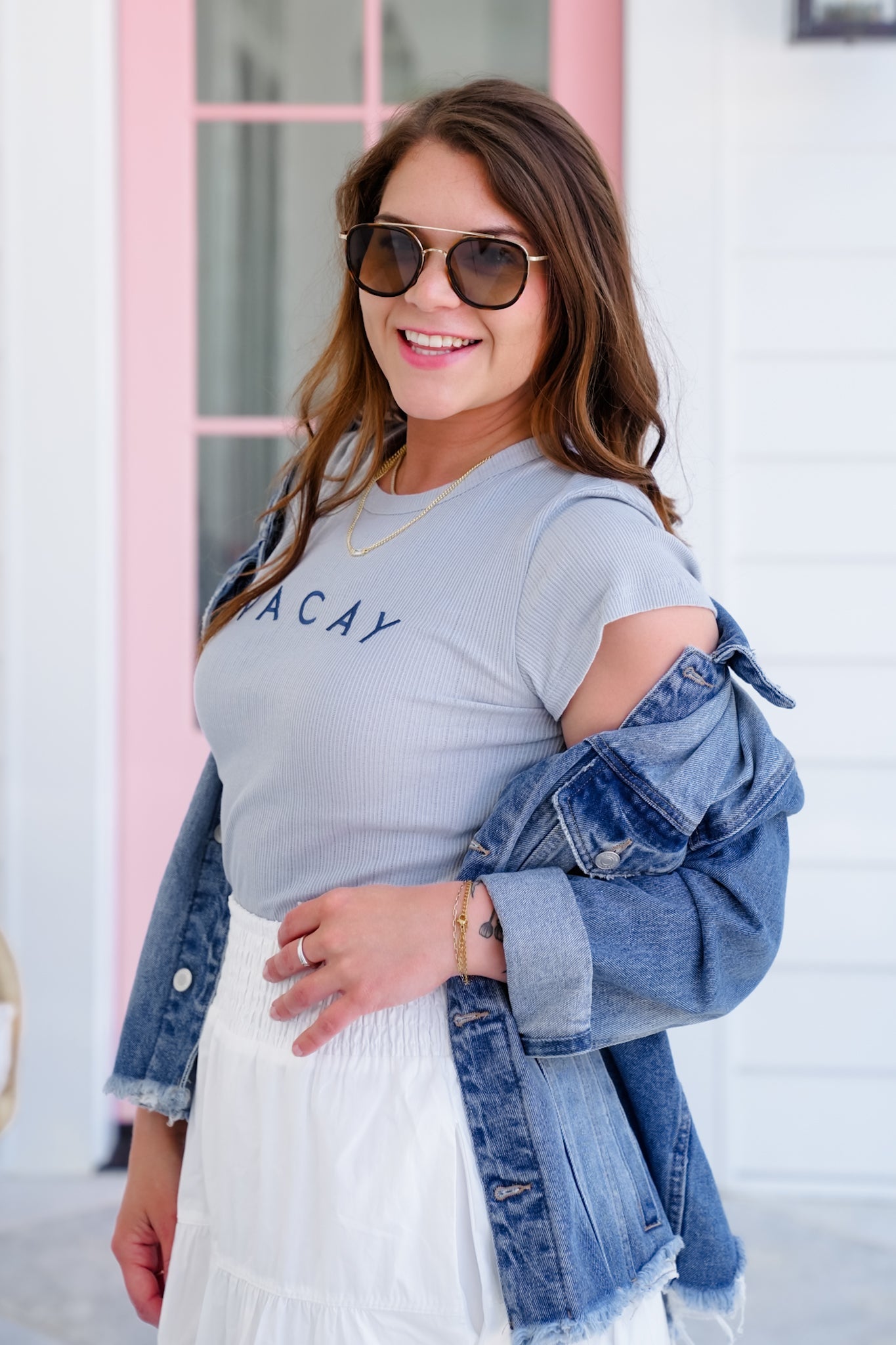 Embroidered "VACAY" Ribbed Knit Short Sleeve Top