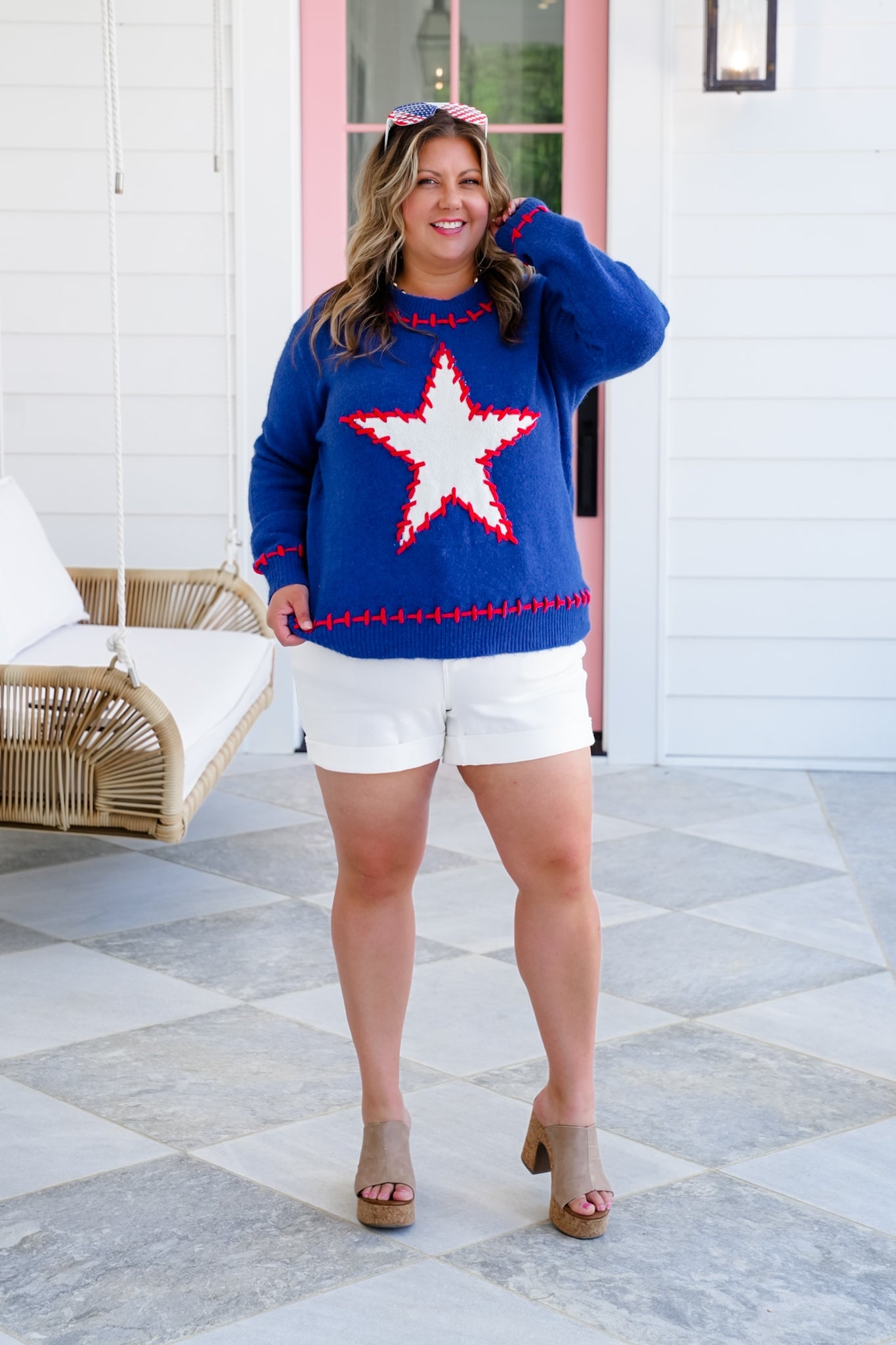 Blue Long Sleeve Pullover Sweater with Star Patch Detail