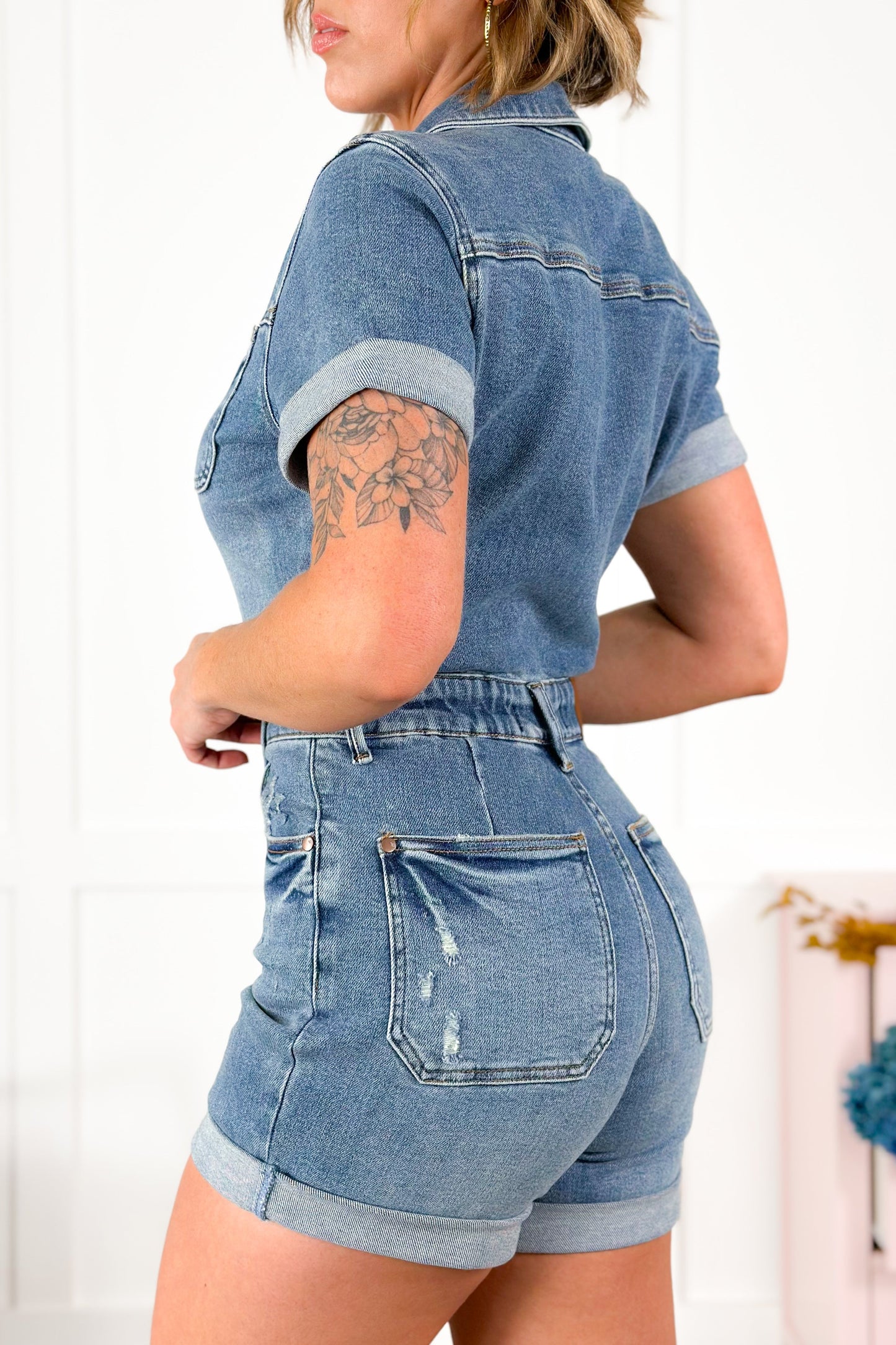 Plus/Reg Wildflower Judy Blue Denim Short Sleeve High Waist Romper