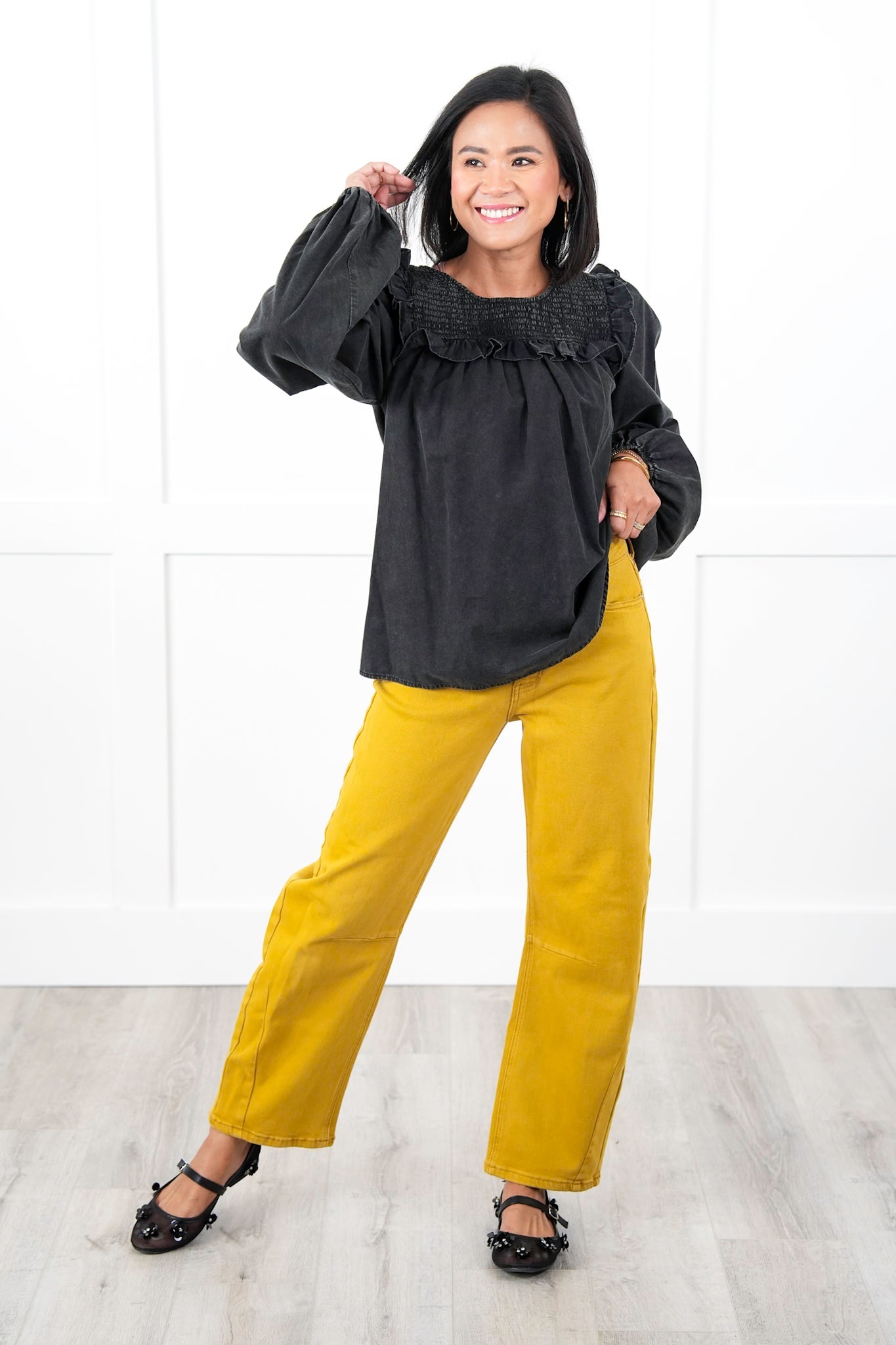 Plus/Reg Mineral Wash Long Sleeve Smocked Neck Top