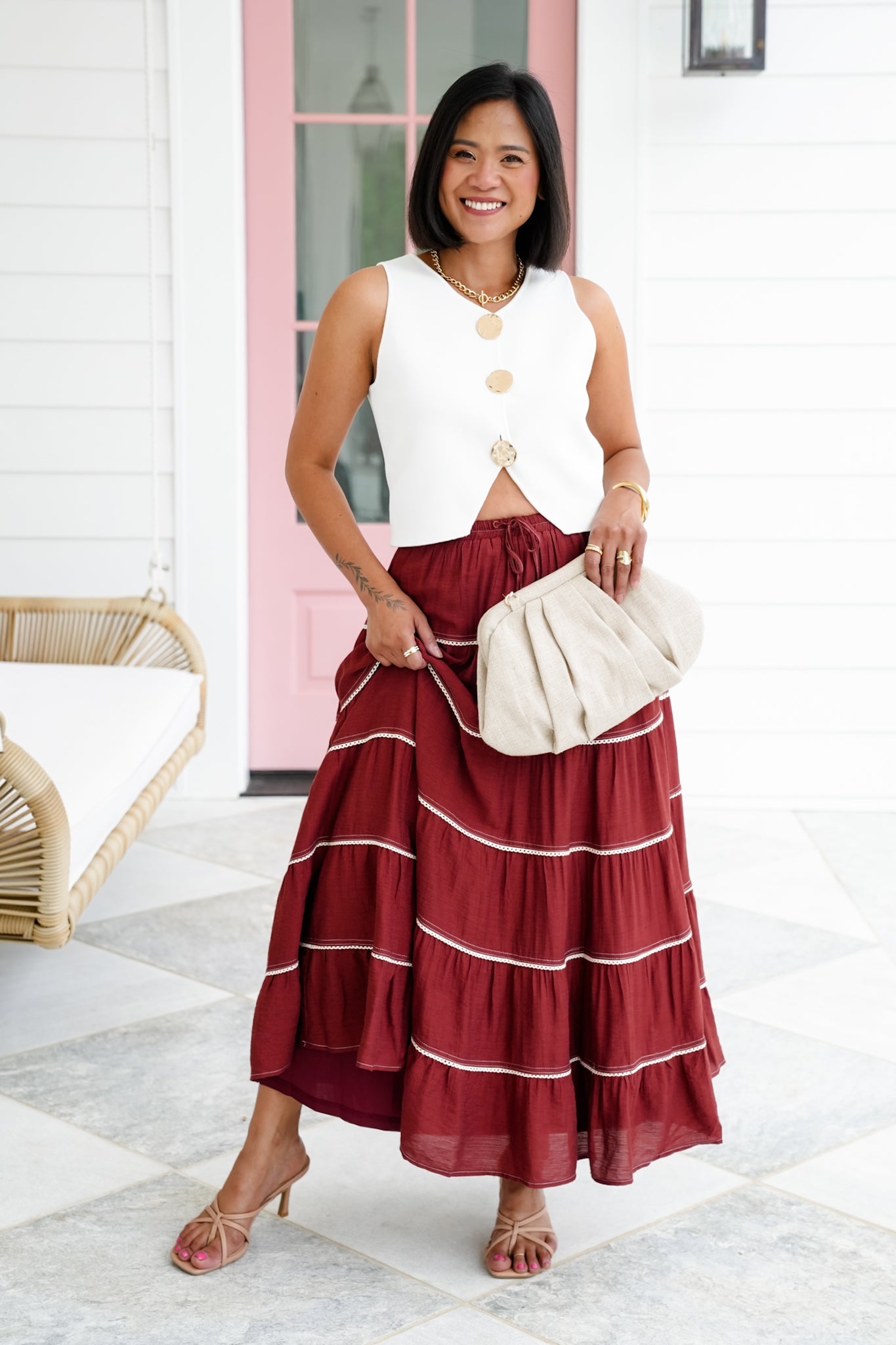 Elastic Waist Tiered Maxi Skirt with Crochet Trim Detail
