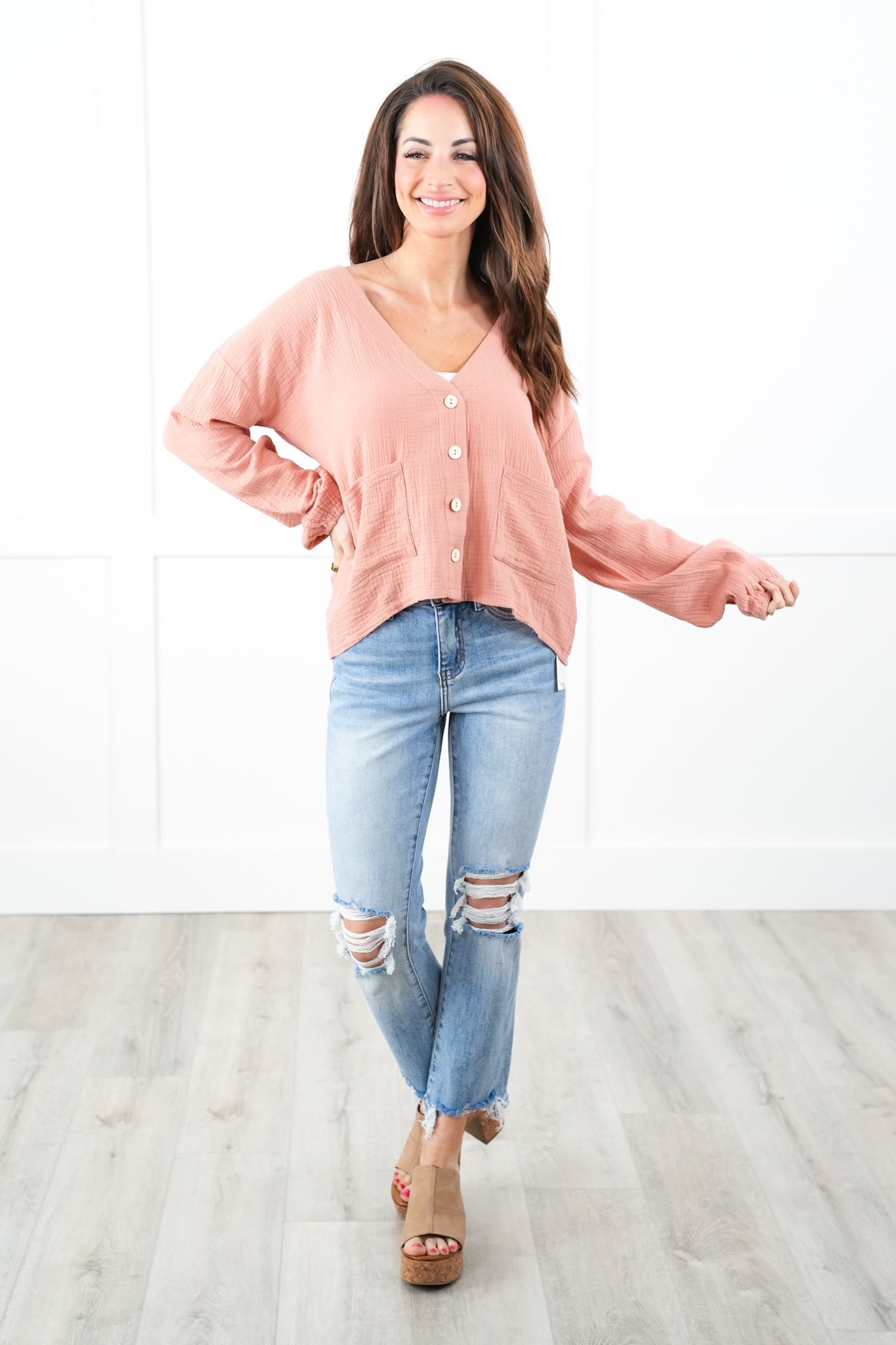 Solid Long Sleeve Button Down Cardigan With Front Pockets