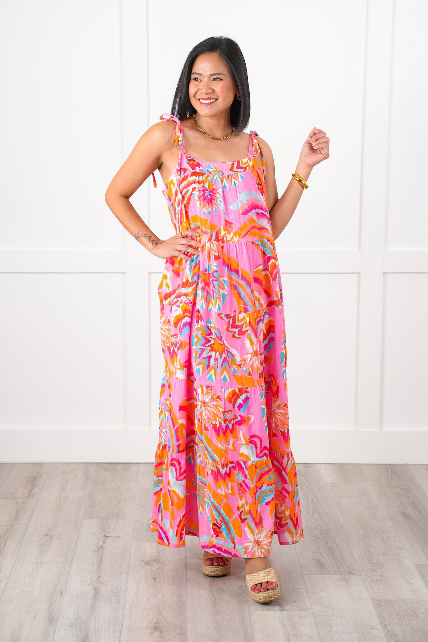 Multi Color Print Sleeveless Tie Shoulder Tiered Ruffle Midi Dress