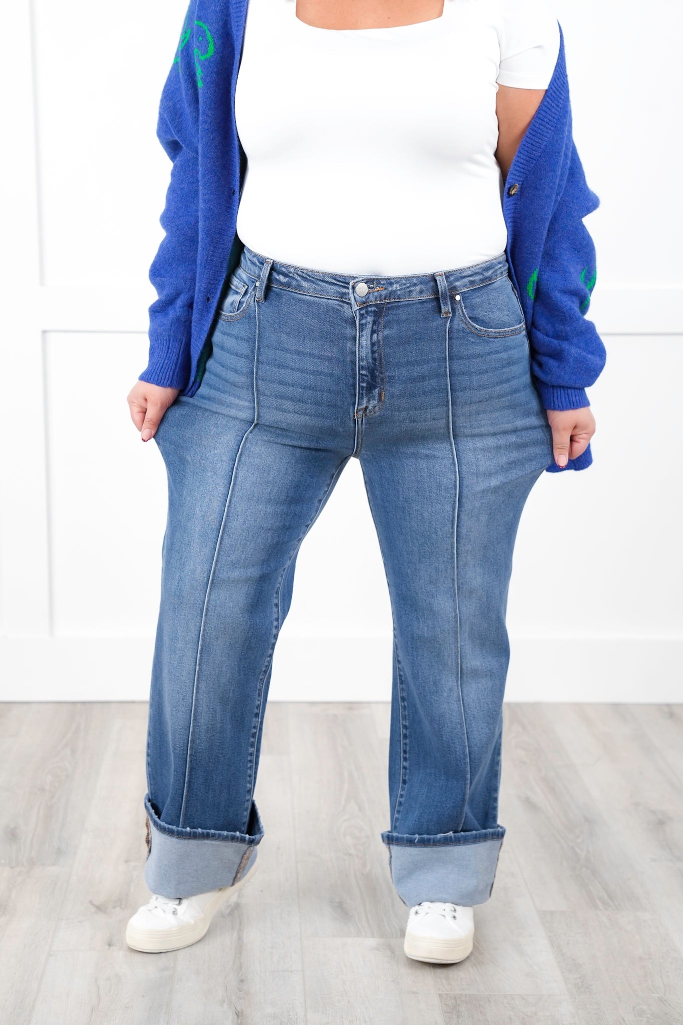 Risen High Rise Medium Wash Wide Leg Straight Cuffed Ankle Jeans
