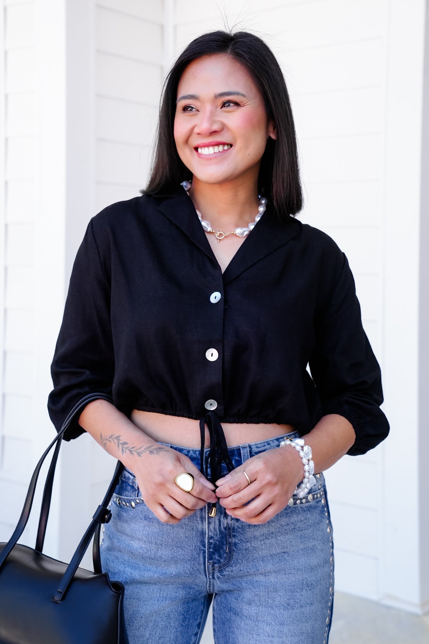 Black Linen Blend 3/4 Sleeve Button Down Crop Top with Drawstring Detail