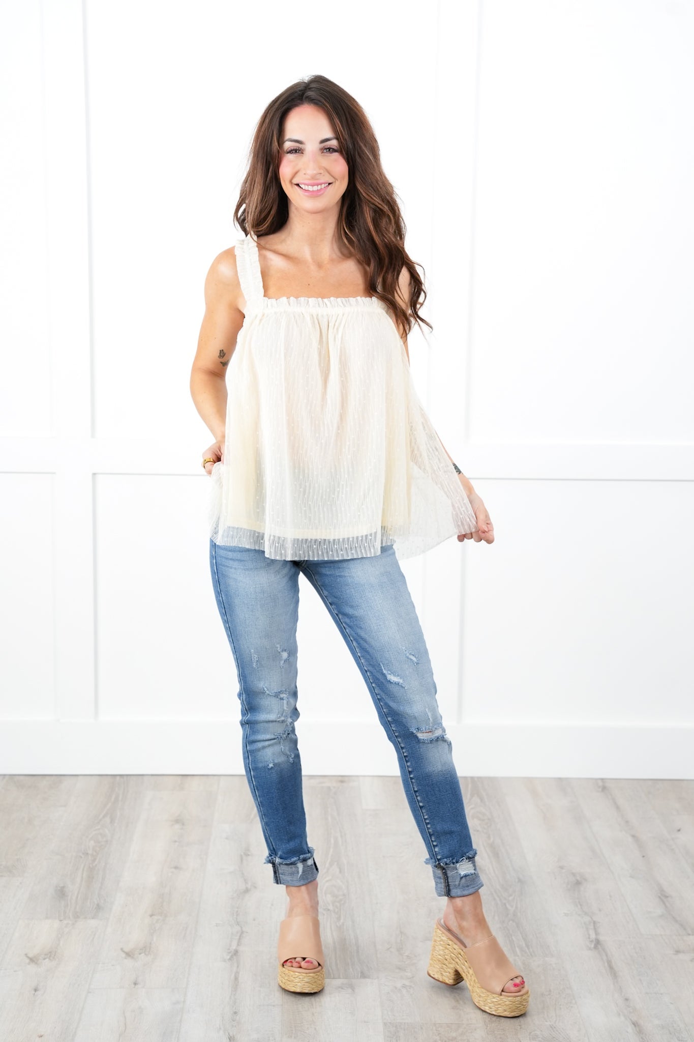 Heart Print Mesh Tank Top with Ruffle Detail
