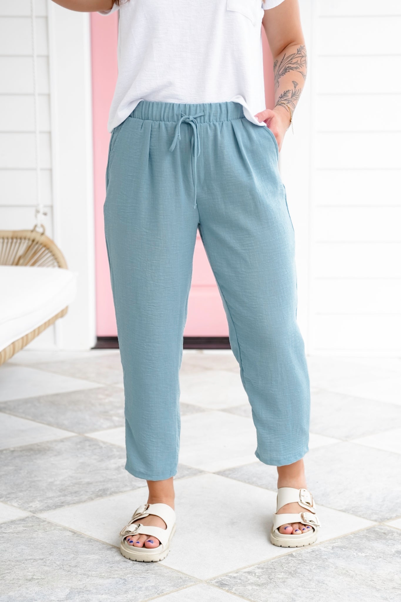 Door Buster! Zenana Woven Crepe Drawstring Elasticband Waist Pants